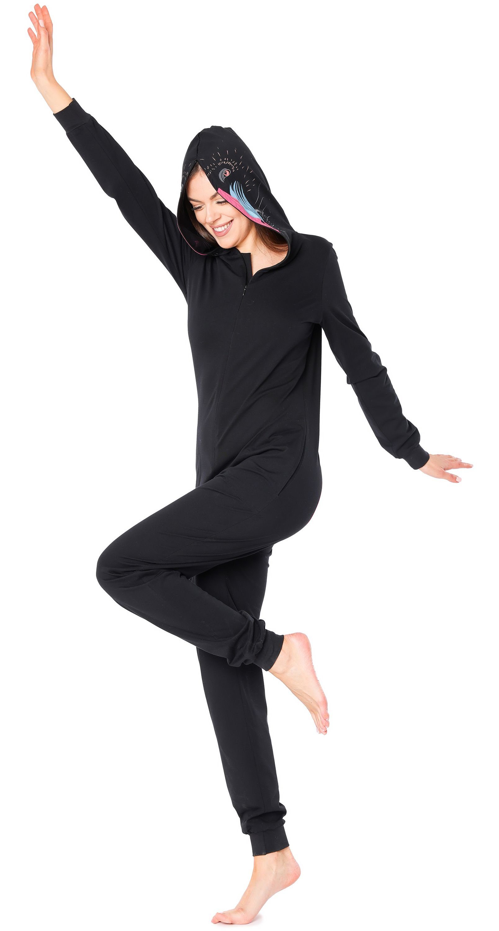 Schlafanzug Damen Schlafoverall aus Baumwolle Jumpsuit mit Kapuze LA40-234
