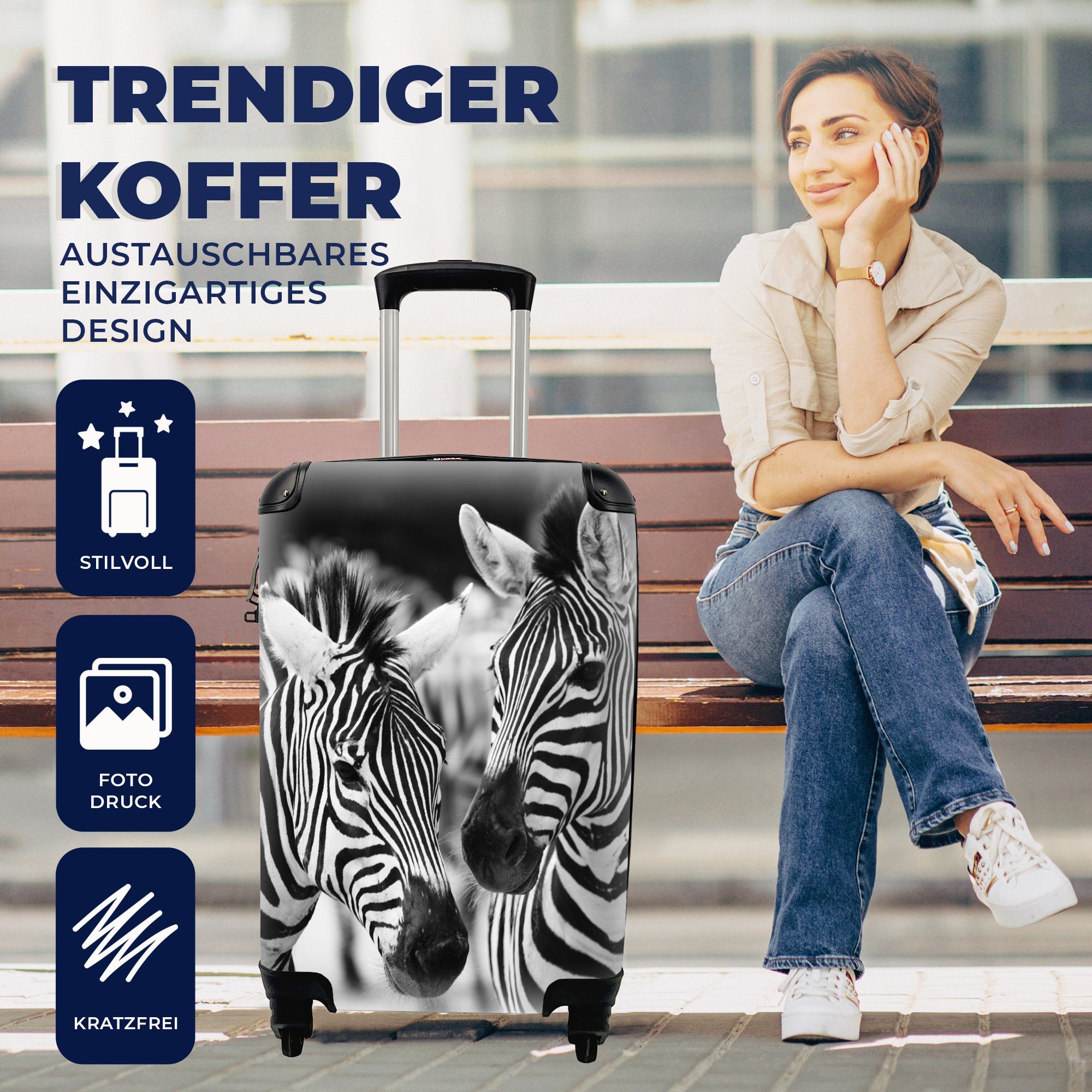 MuchoWow Trolley, Ferien, Reisetasche Rollen, Handgepäck mit für 4 und Zebra Reisekoffer Handgepäckkoffer rollen, weiß, schwarz
