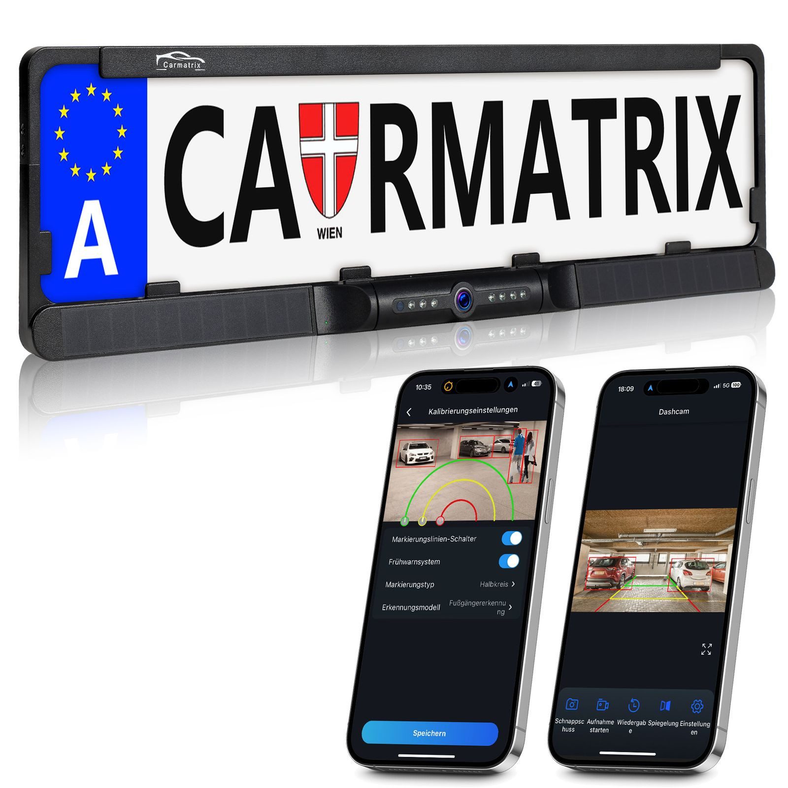 CARMATRIX D43E Rückfahrkamera (Auto WLAN Funk Rückfahrsystem im Nummernschild Kennzeichenhalter, Rückfahrkamera Digital kabellose Einparkhilfe zum nachrüsten APP)
