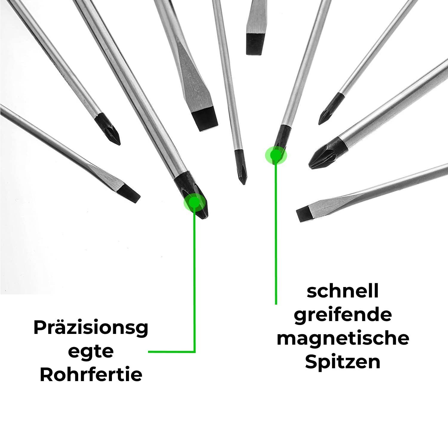 Toolzilla Bit-Schraubendreher 10-Teiliges 10 Set, Pieces magnetisches Grün Chrom-Vanadium-Stahl Schwarz / SChraubendreher