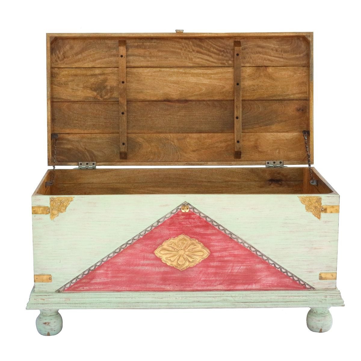 Oriental Galerie Truhe Indische Truhe Mint Rot 105 cm (1 St), Beistelltisch, Holztruhe, Antik, Wäschetruhe, Möbeltruhe, Holzkiste