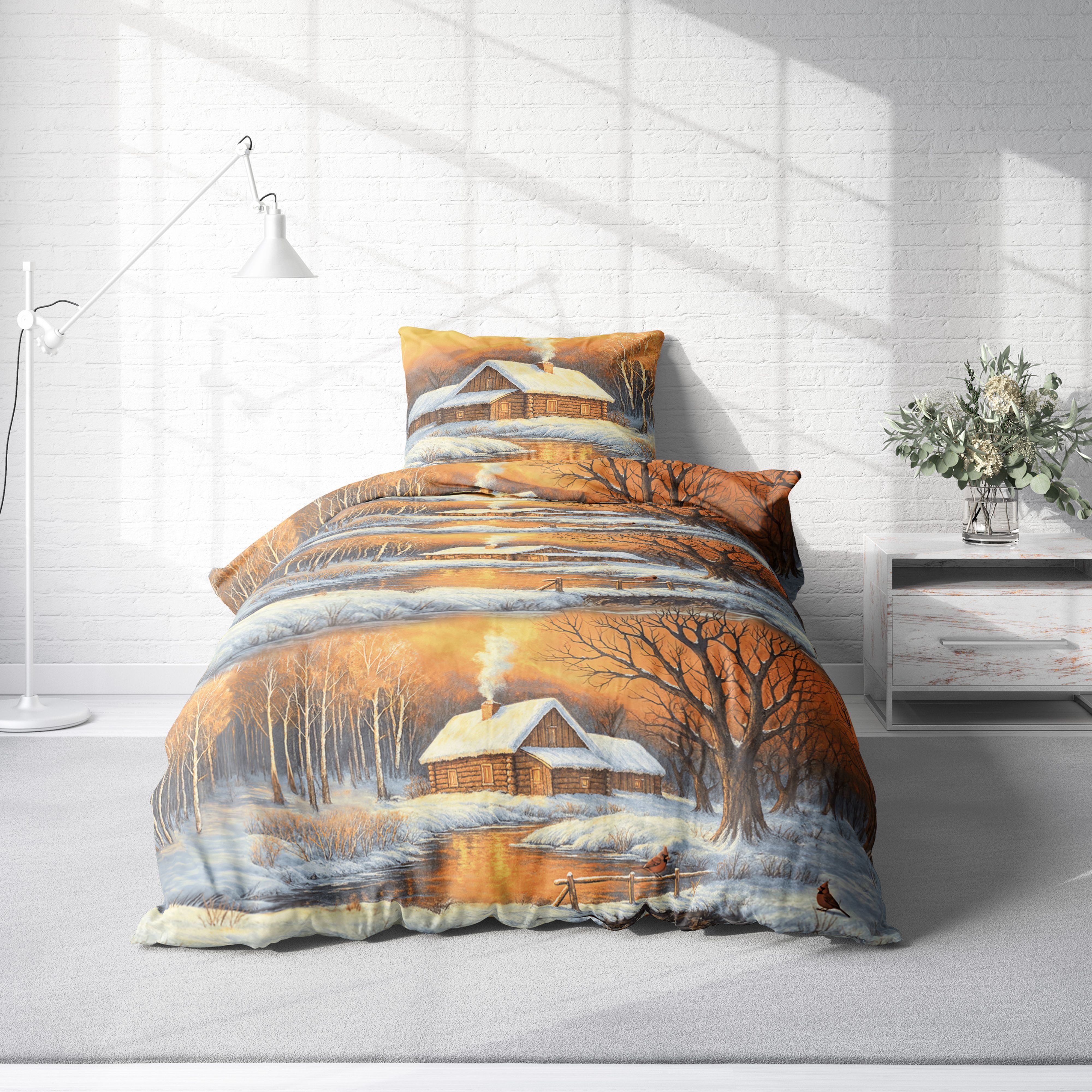 One Home Bettwäsche Schneelandschaft Hütte Winterlandschaft, Flanell, 2 tei günstig online kaufen