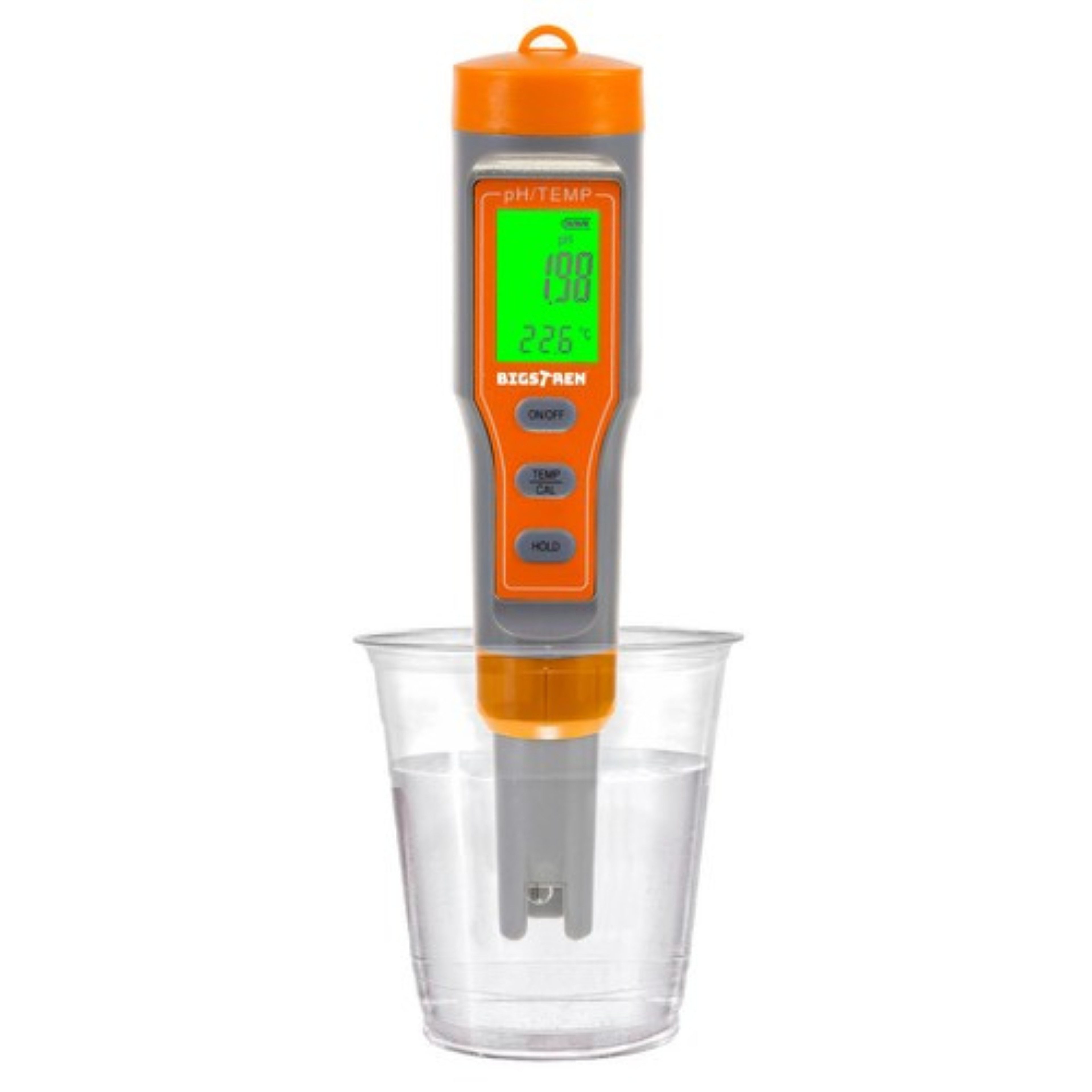 BIGSTREN pH-Messgerät Wasserqualitätstester für Aquarium Pool Trinkwasser mit ATC-Funktion, (Komplettset für pH- und Temperaturmessung mit Batterien & Kalibrierung, Wassertester inkl. Batterien & 3 Kalibrierpulver für sofortigen Start), Elektronischer pH-Tester mit ATC, Thermometer & LED-Anzeige