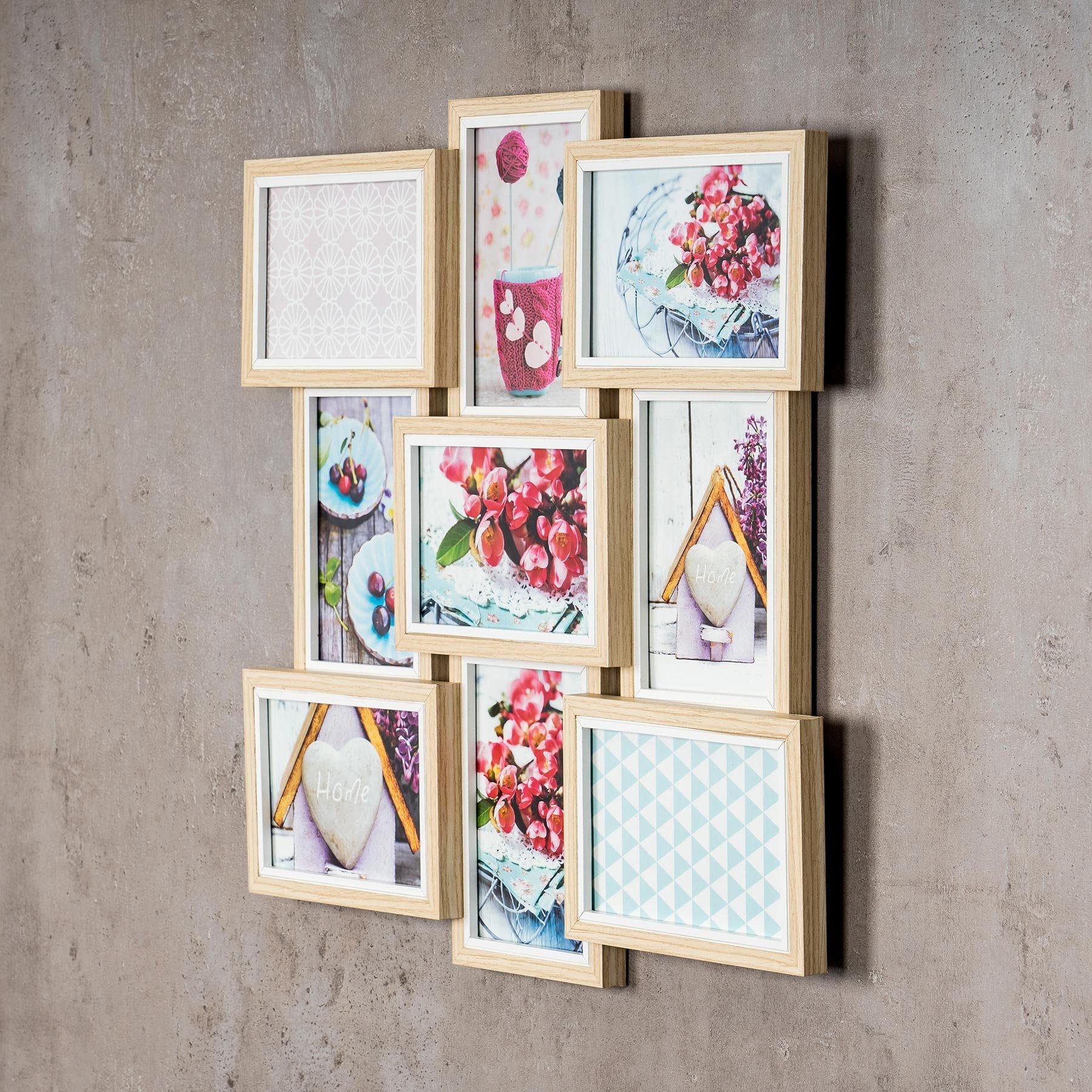 Levandeo® Bilderrahmen Collage, Bilderrahmen Collage 45x45cm 9 Fotos 10x15 Natur MDF Holz Weiß