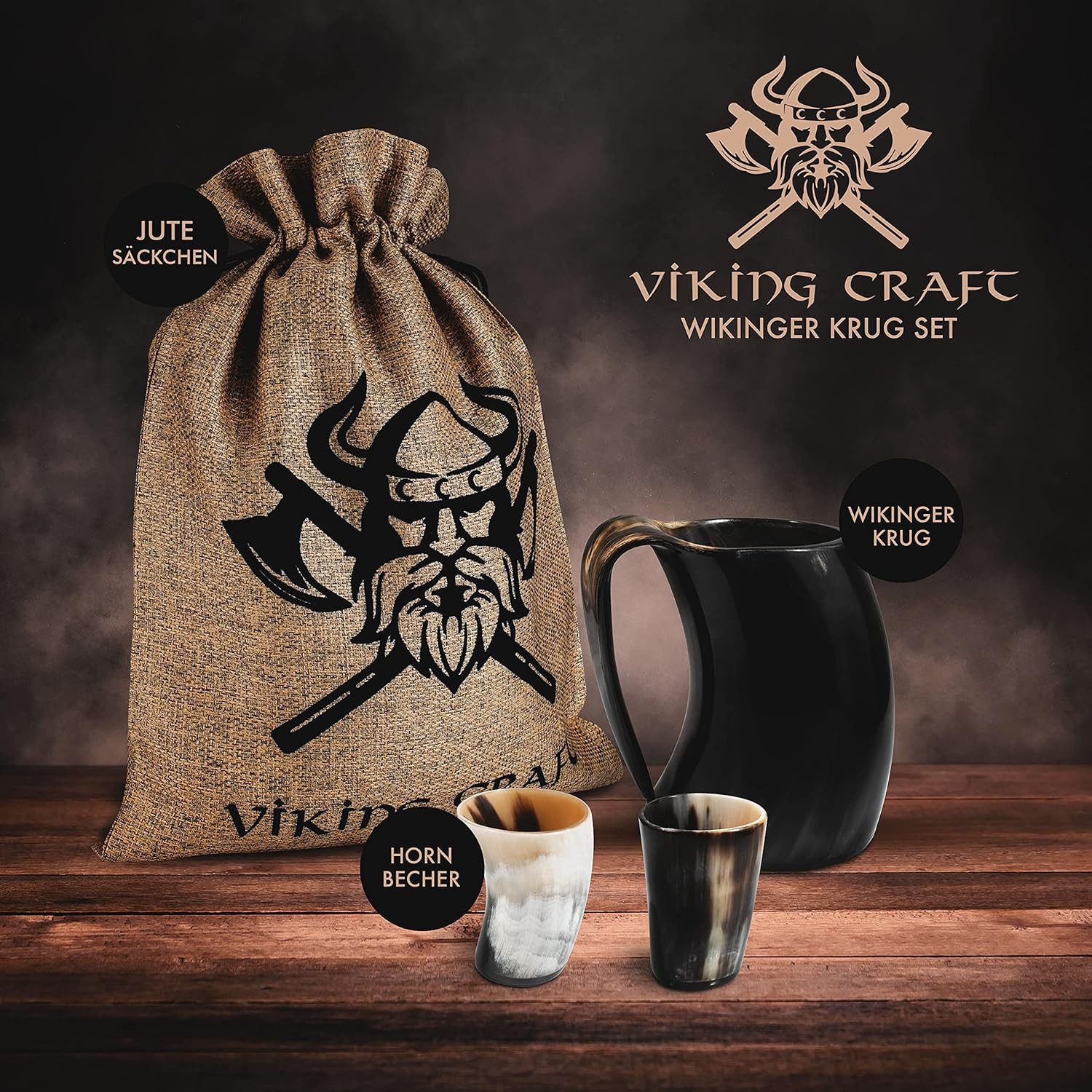 VIKING CRAFT Bierkrug Trinkhorn Wikinger Krug 600ml - Großer Horn Krug und 2 Wikinger Becher, Wikinger Deko, Mittelalter Bierkrug, LARP