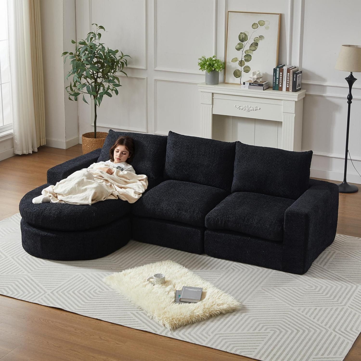 LuxusKollektion Loungesofa Sofa modular Chaiselongue Schwarz 102 × 160 × 81 cm (L × P × H)