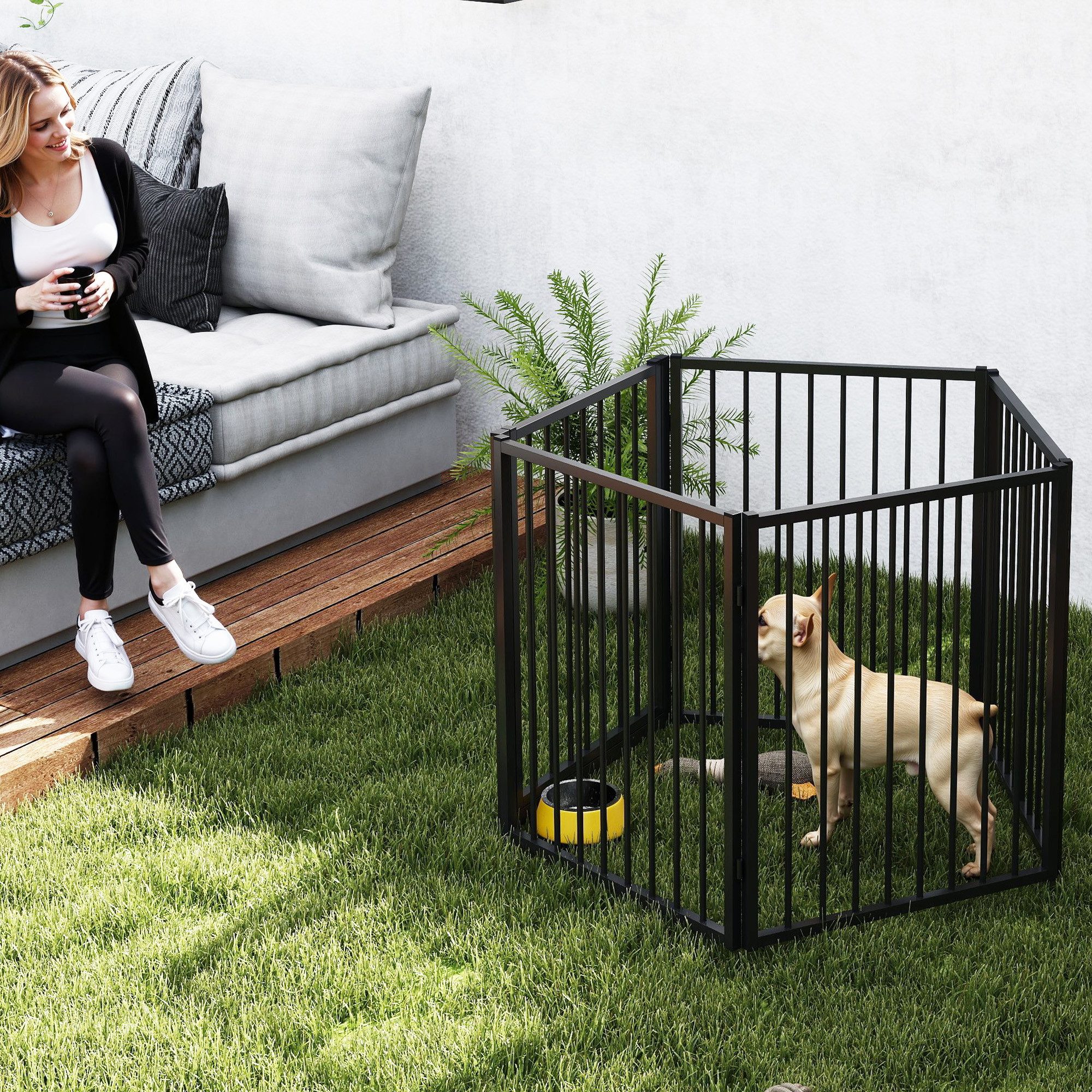 PawHut Freigehege Welpenlaufstall 5-TLG. Welpenauslauf mit Tür 76cm hoch, für kleine und mittelgroße Hunde, für drinnen und draußen, Schwarz