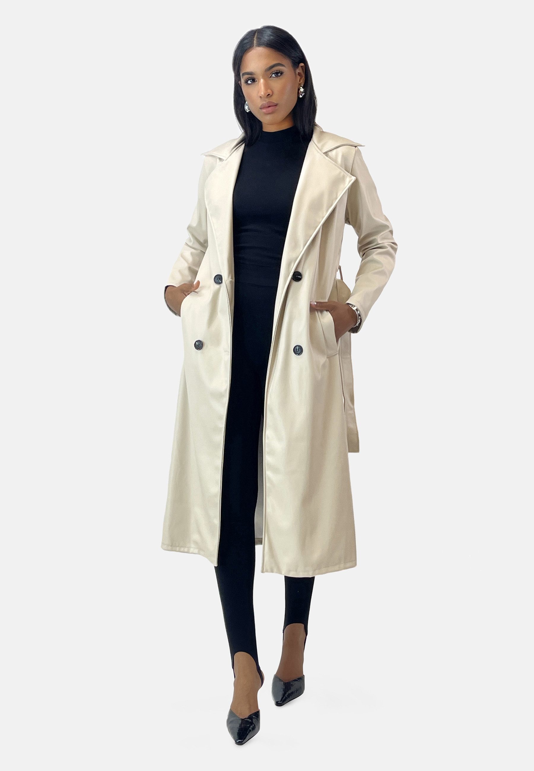 Elara Trenchcoat – Damen Mantel lang mit Bindegürtel und Reverskragen