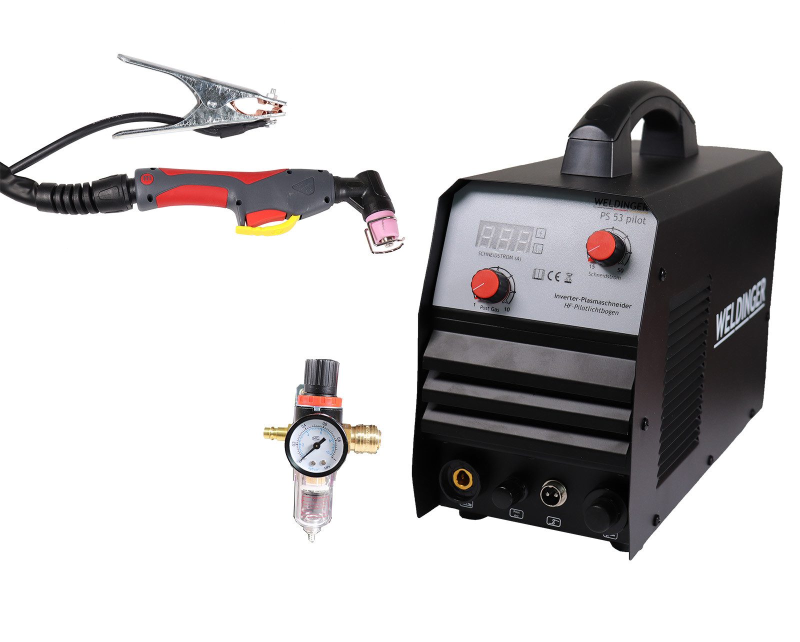 WELDINGER Plasmaschneidegerät Plasmaschneider PS 53 pilot go Pilotlichtbogen Druckregler 50 A 15 mm, 23 - 50 A, 5-tlg., Druckregler mit Wasserabscheider, Schnellkupplung
