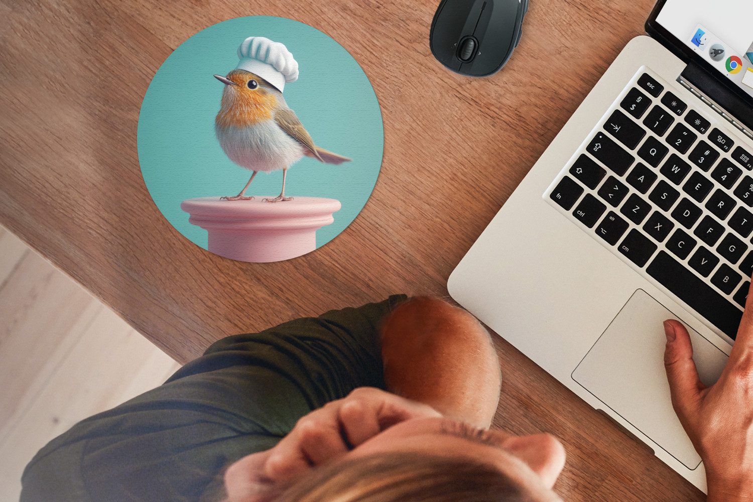 MuchoWow Mauspad Rotkehlchen - Vogel - Kochmütze - Sockel (1-St), Büro für Tastatur und Maus, Mousepad Gaming, Rund 20x20 cm