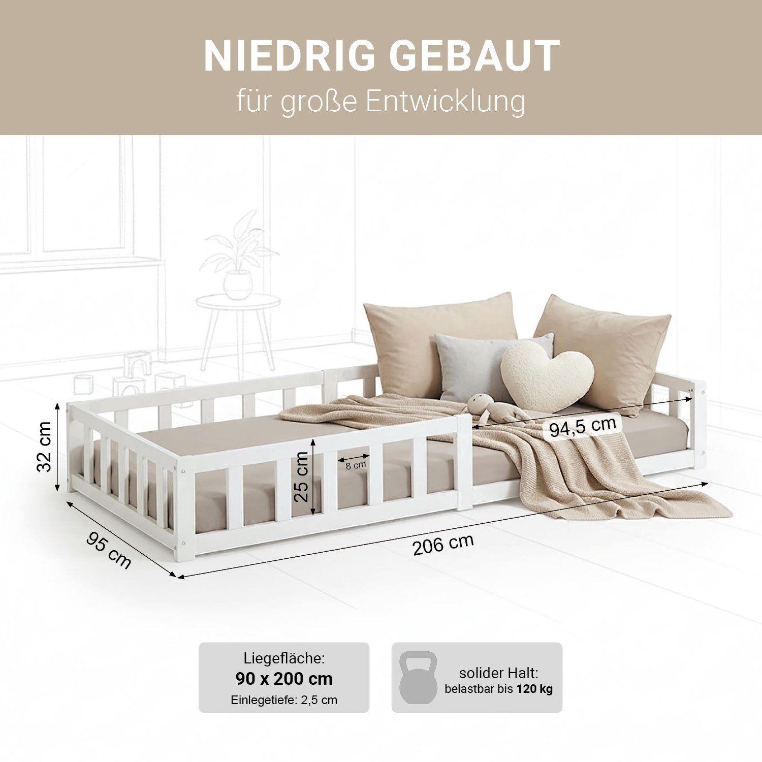 Homestyle4u Kinderbett 90x200 / 120x200 Weiß Natur Holzbett Bodenbett Montessori Kleinkind (Set, mit Lattenrost), mit Rausfallschutz