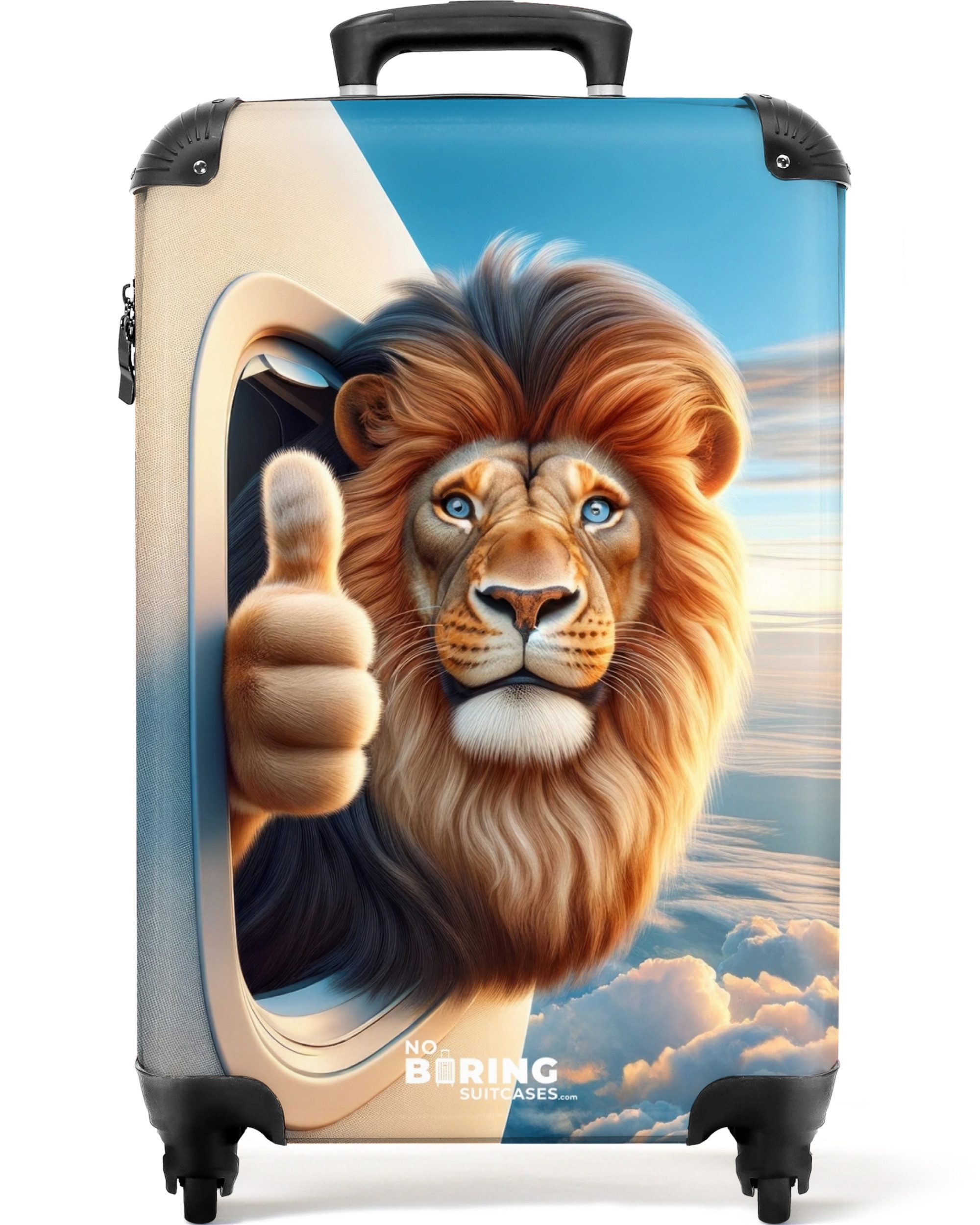 NoBoringSuitcases.com© Kinderkoffer Löwe mit erhobenem Daumen aus einem Flugzeugfenster 55x35x20cm, Handgepäck Koffer, Hartschalenkoffer Kinder, Reisekoffer Jungen