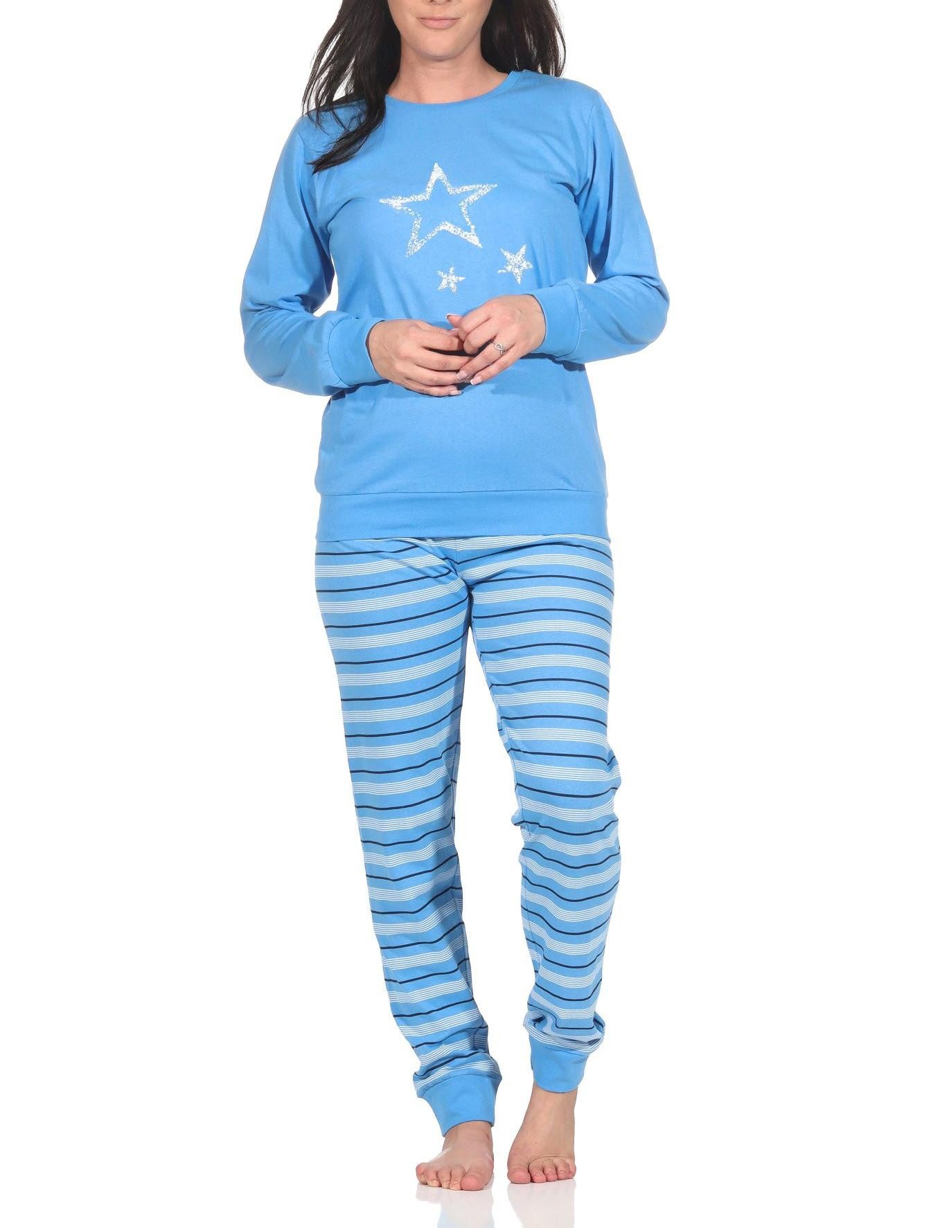 Normann Pyjama Normann Damen langarm Schlafanzug Pyjama mit Bündchen in Sterne Optik