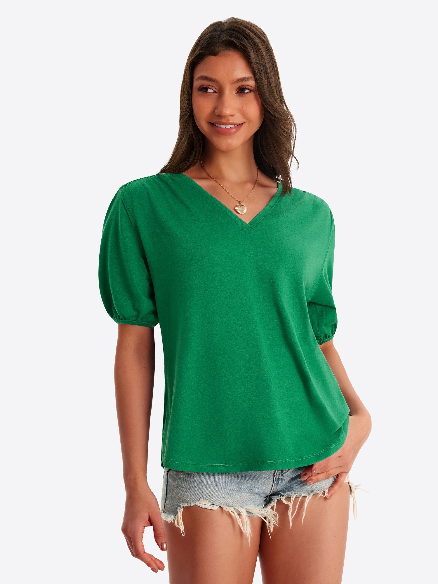 Imily Bela T-Shirt Damen Puffbluse mit V-Ausschnitt (Packung, 1-tlg., 1per- günstig online kaufen