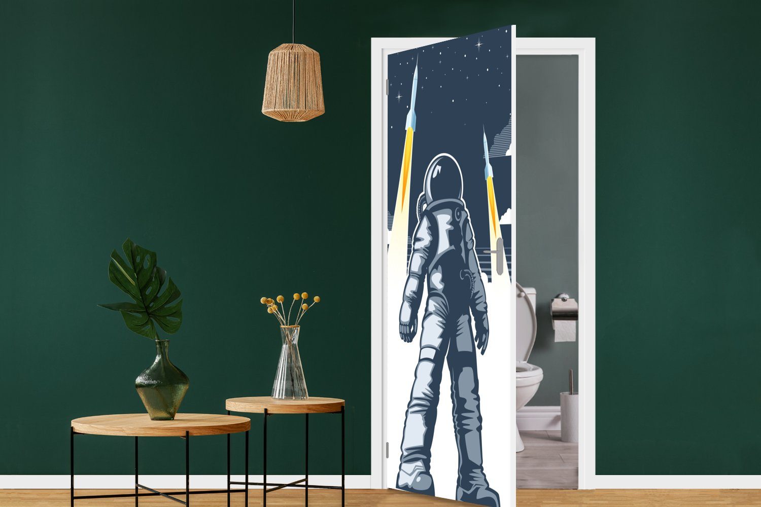 Astronaut (1 Tür, Fototapete bedruckt, cm - - Türaufkleber, Weltraum, Matt, 75x205 MuchoWow für Türtapete St), Rakete