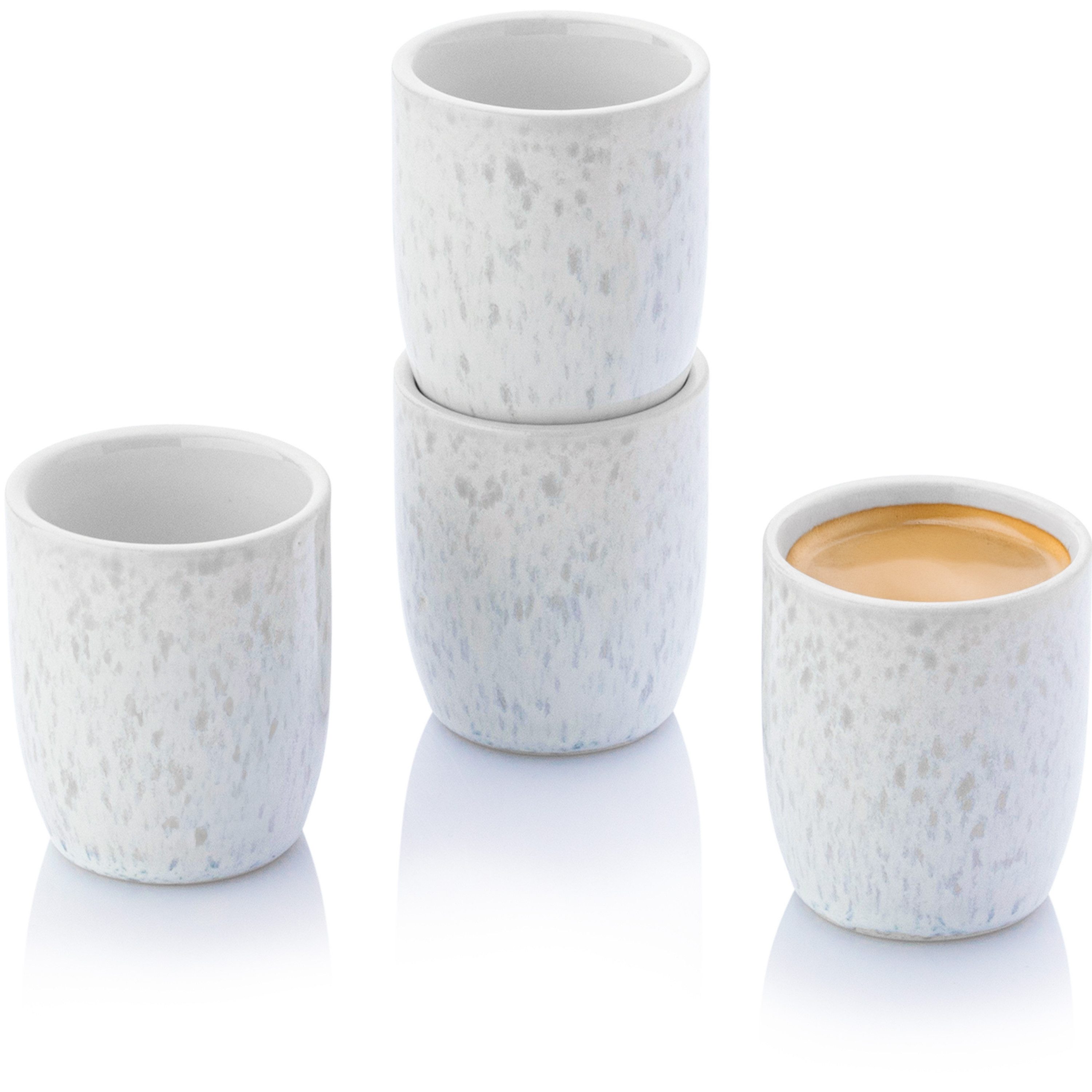 SÄNGER Becher Santorini Espressobecher Set (4-teilig), Steingut, Cremefarben mit Flieder Blauem Verlauf, Hnadmade, Premium Collection