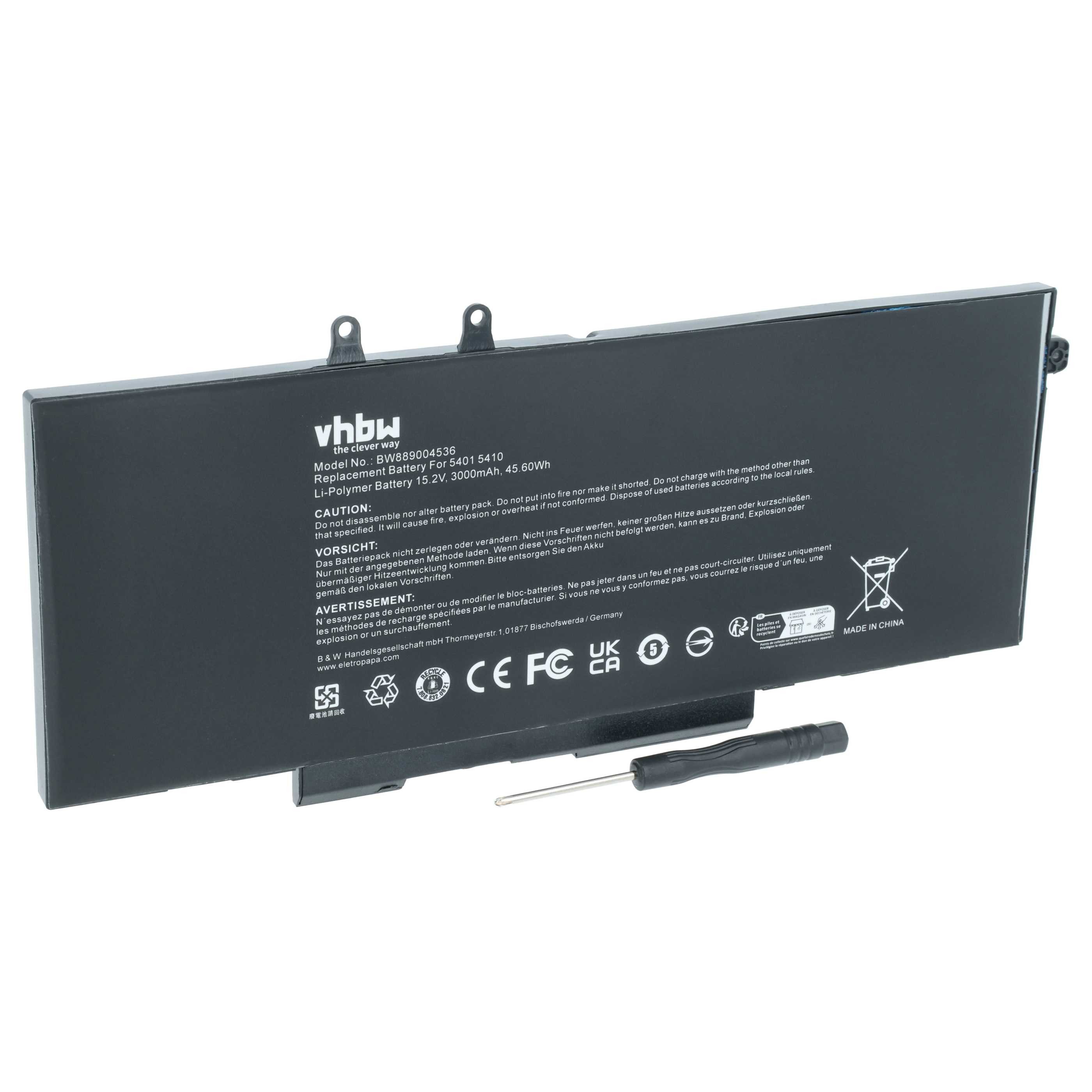 vhbw Akku passend für Dell Latitude 15 5511 N002L551115EMEA_UBU, 5511 Laptop-Akku Akku Li-Polymer 3000 mAh (15,2 V, 1 St), Leistungsfähiger Austausch-Akku für Notebook, Wiederaufladbar, Jede