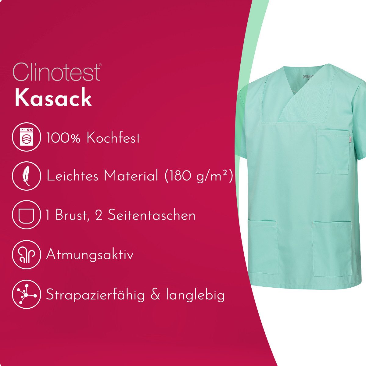 Clinotest Funktionsbluse Kasack Damen & Herren - 95 Grad waschbare, kochfest ohne einzulaufen (1-tlg) Schlupfkasack aus Baumwolle & Polyester - Berufsbekleidung für Pflege