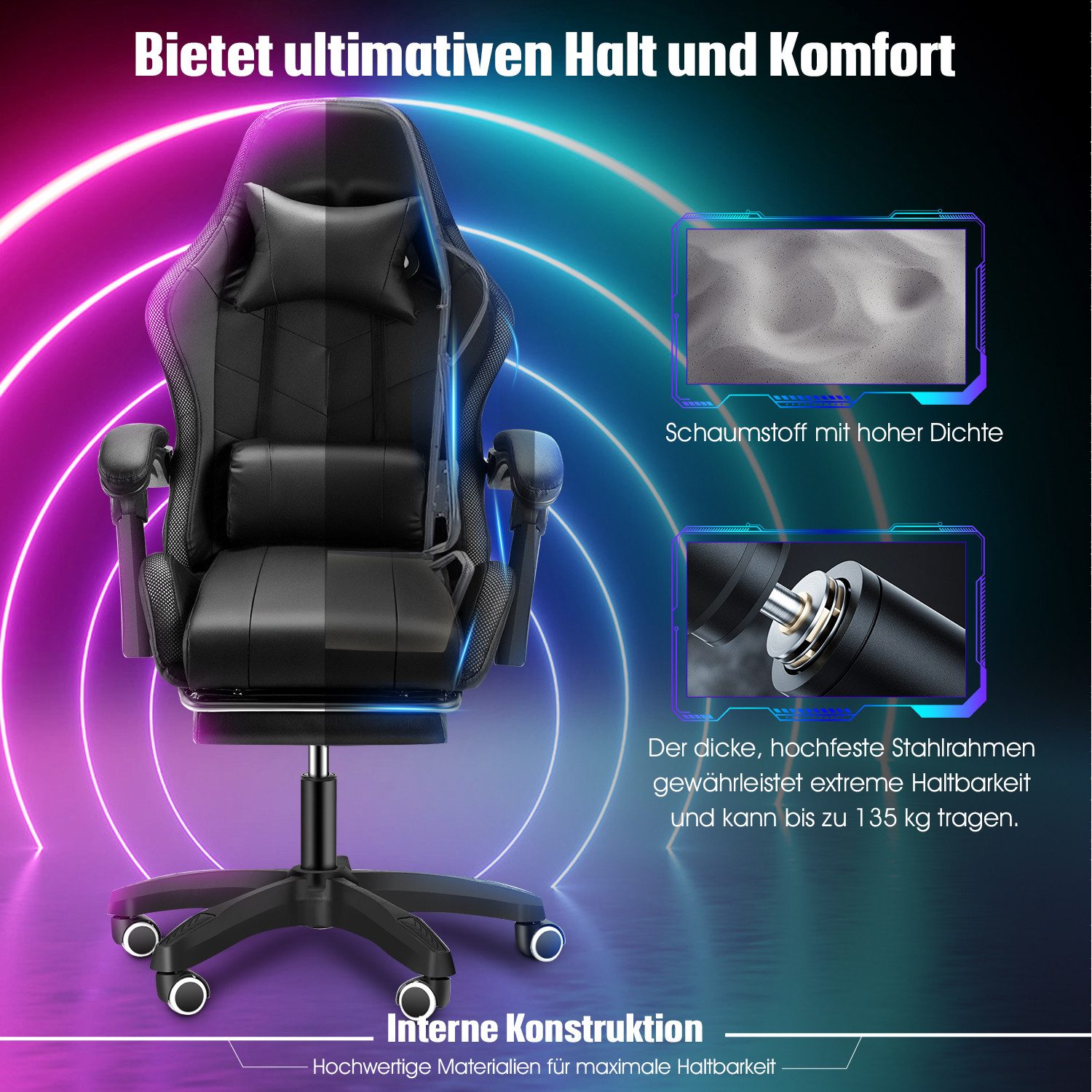 oyajia Gaming-Stuhl Gaming Chair LED, RGB Computerstuhl mit Fußstütze und Lendenkissen, Racing Gamer Stuhl Ergonomisch,mit Verstellbare Kopfstütze,Bürostuhl