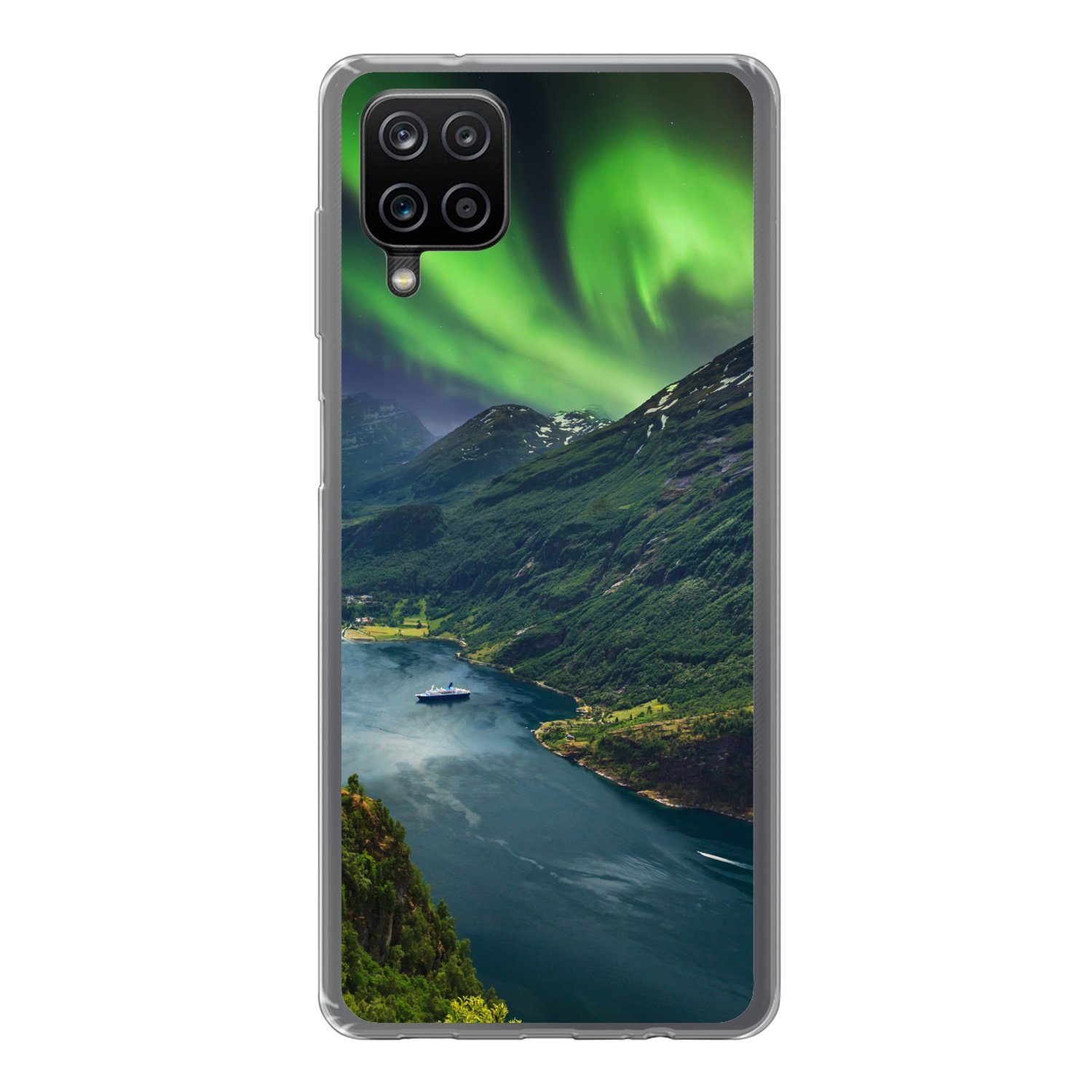 MuchoWow Handyhülle für Samsung Galaxy A12 Nordlichter - Berg - Boot - Norwegen, Smartphone-Bumper, Print, Handy Schutzhülle Dünn