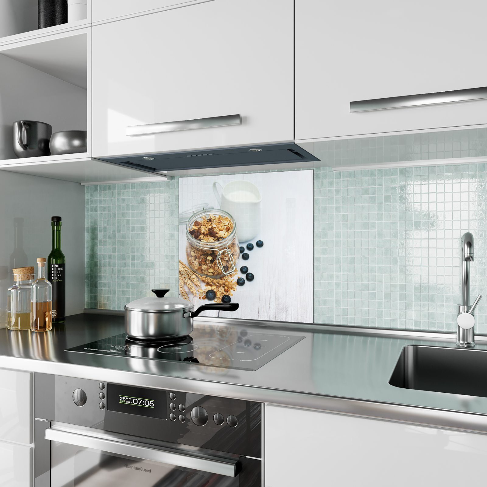 Motiv und Küchenrückwand Milch Küchenrückwand Primedeco Spritzschutz Glas Granola mit