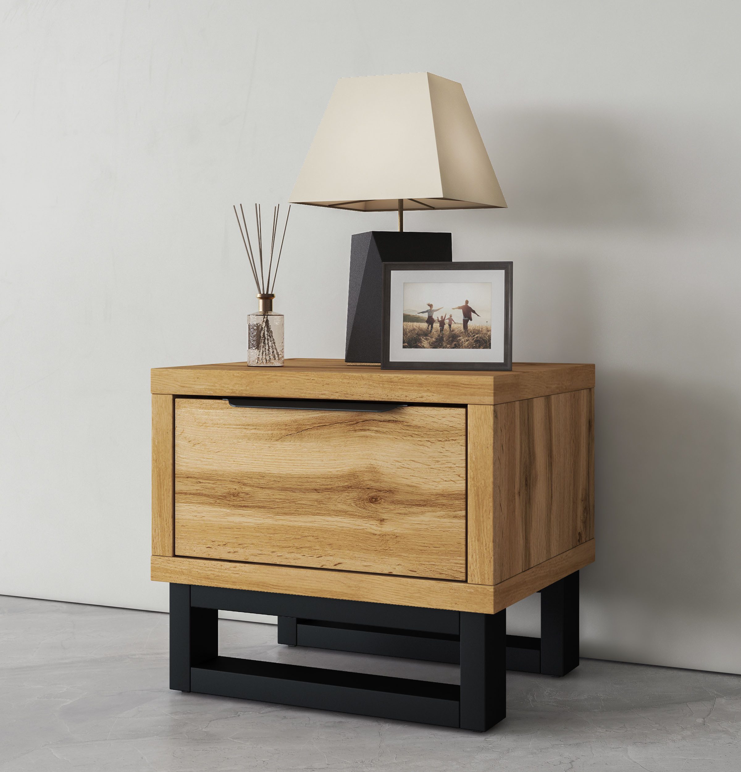 Home affaire Nachtkommode Bronne,Breite 55 cm, Nachttisch mit 1 Schublade, Moderner Nachtschrank, Metallgriff, Füße in Kufenform