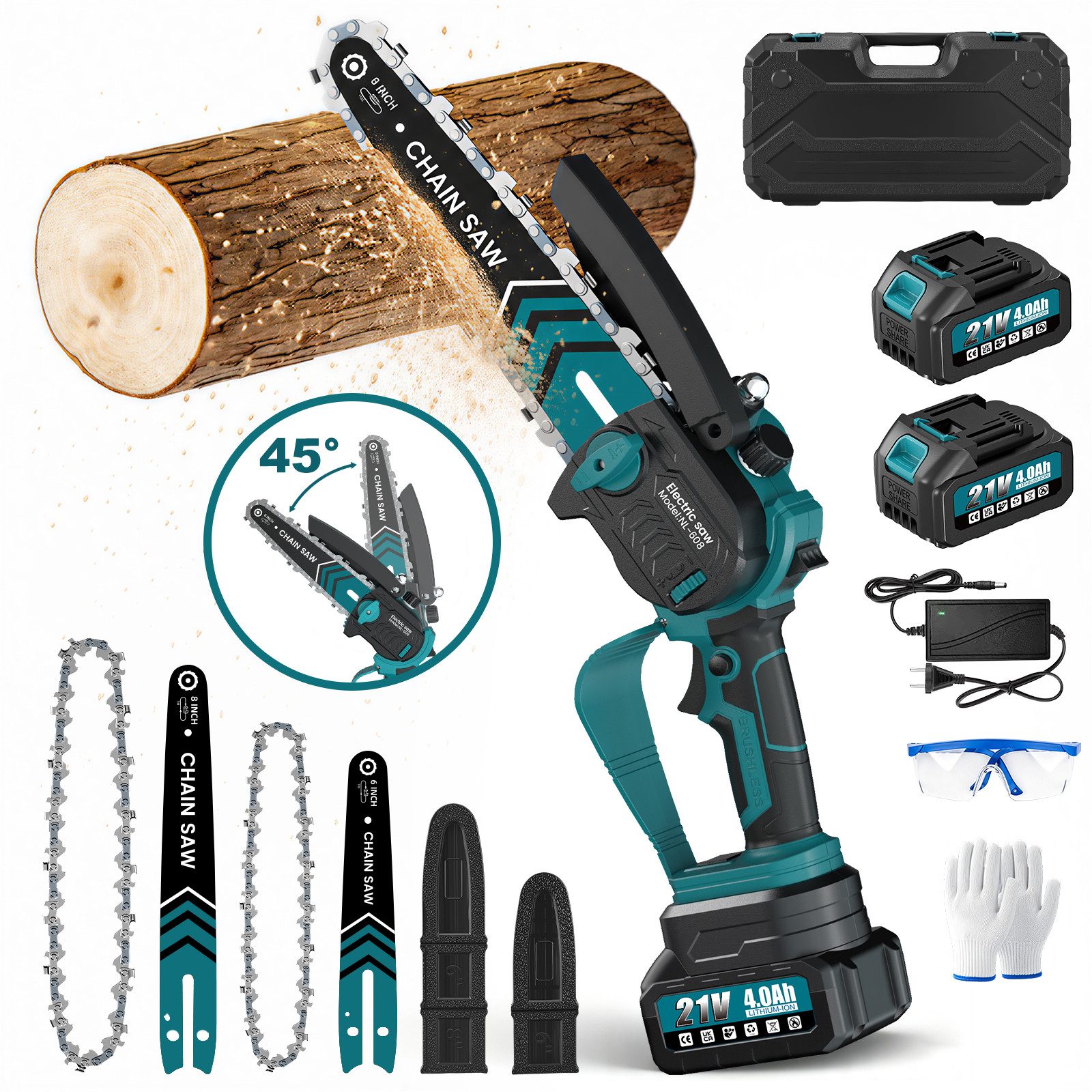 Bundviel Akku-Kettensäge 6+8 Zoll Elektro-Kettensäge 880W Bürstenloser Handkettensäge, Set, 2*2 AH akkus, 2 Führungsstange+2 Sägekette, Mehrfacher Sicherheitsschutz, für Garten Holz und Astscheren