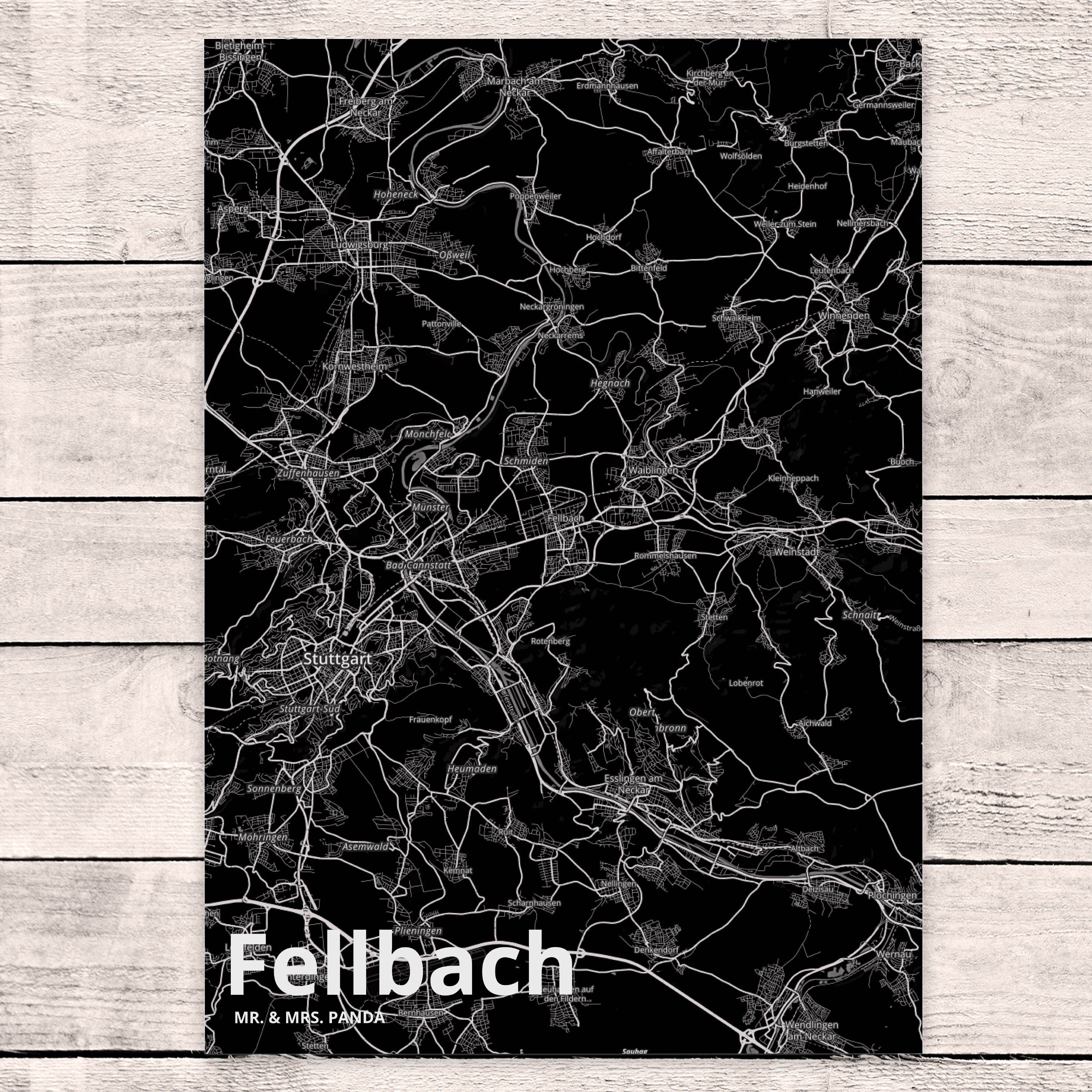 Karte, - Mrs. Dorf & Landkarte Karte Postkarte Fellbach Stadt Geschenk, Panda Map Grußkarte, Mr.