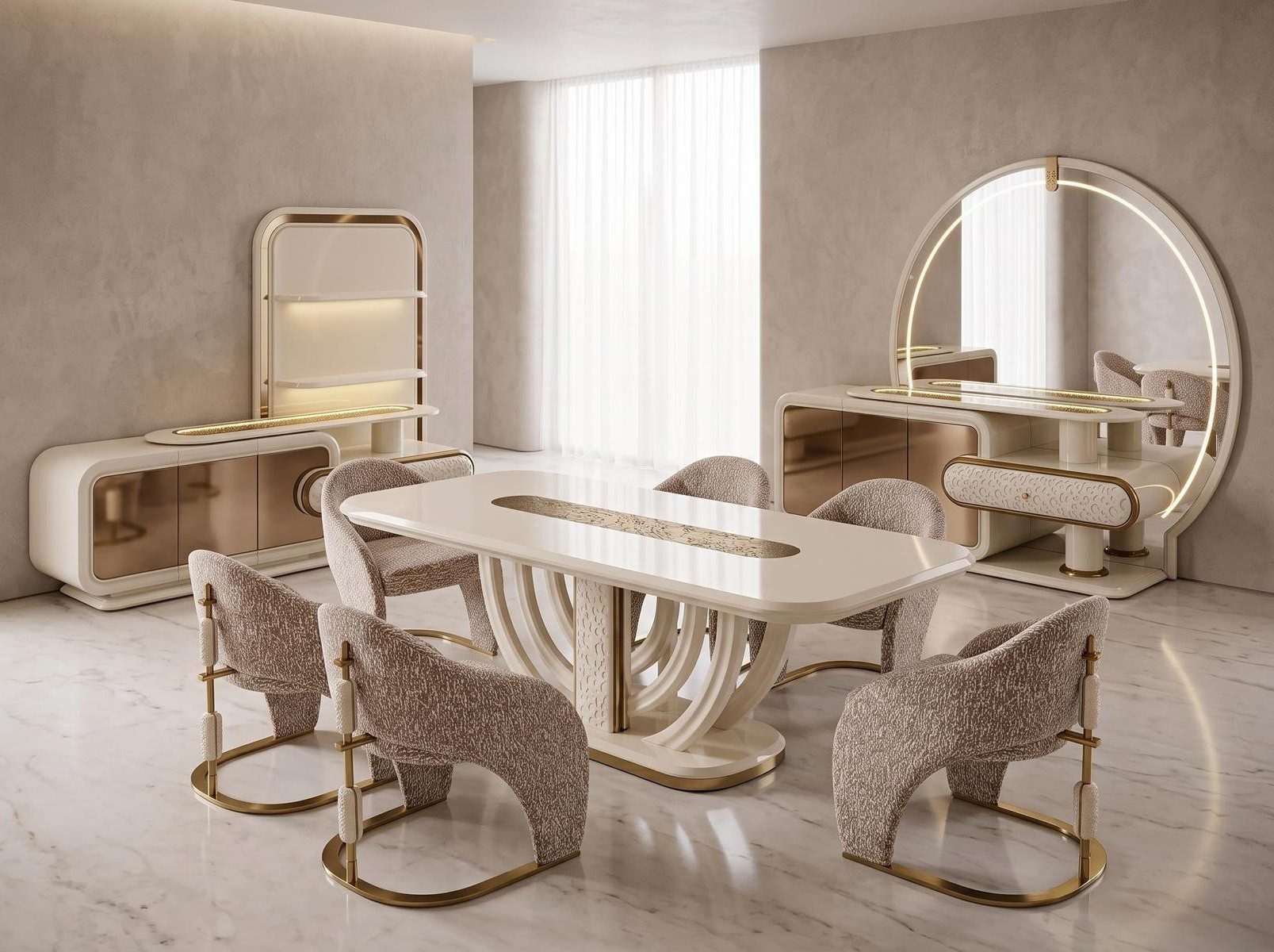 Xlmoebel Esszimmer-Set Esszimmer set Esstisch 6x Stühle Wohnwand Sideboard Beige Modern, (9-St., 1x Tisch, 6x Stühle, 1x Wohnwand, 1x Sideboard)
