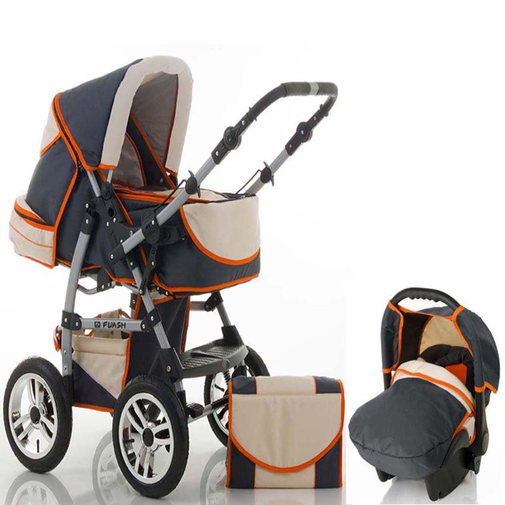 babies-on-wheels Kombi-Kinderwagen 3 in 1 Kinderwagen-Set Flash inkl. Autositz - 15 Teile - in 18 Farben Antharzit-Creme-Orange