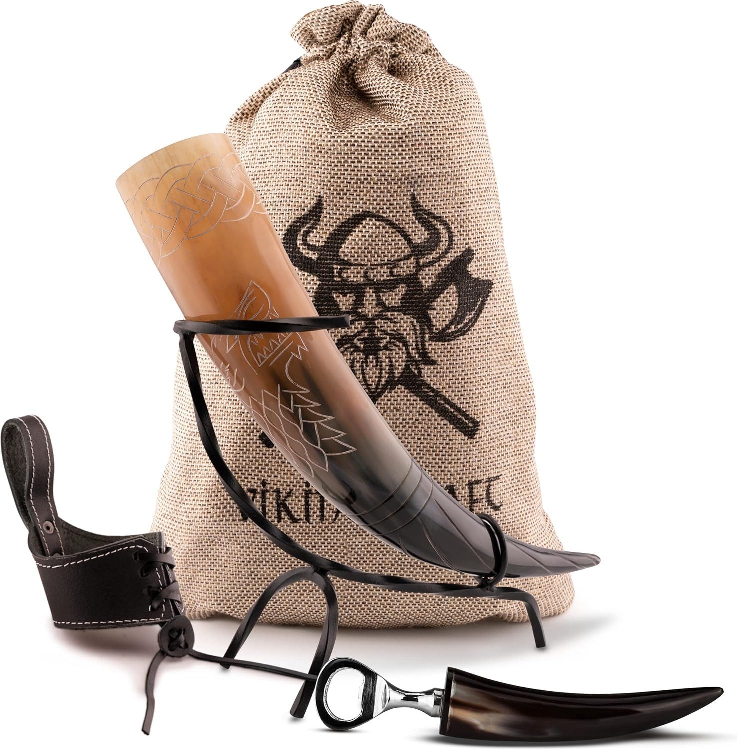 VIKING CRAFT Bierkrug Trinkhorn Wikinger ca. 450ml - Extra Großes 5-teiliges Horn Set, mit Ständer
