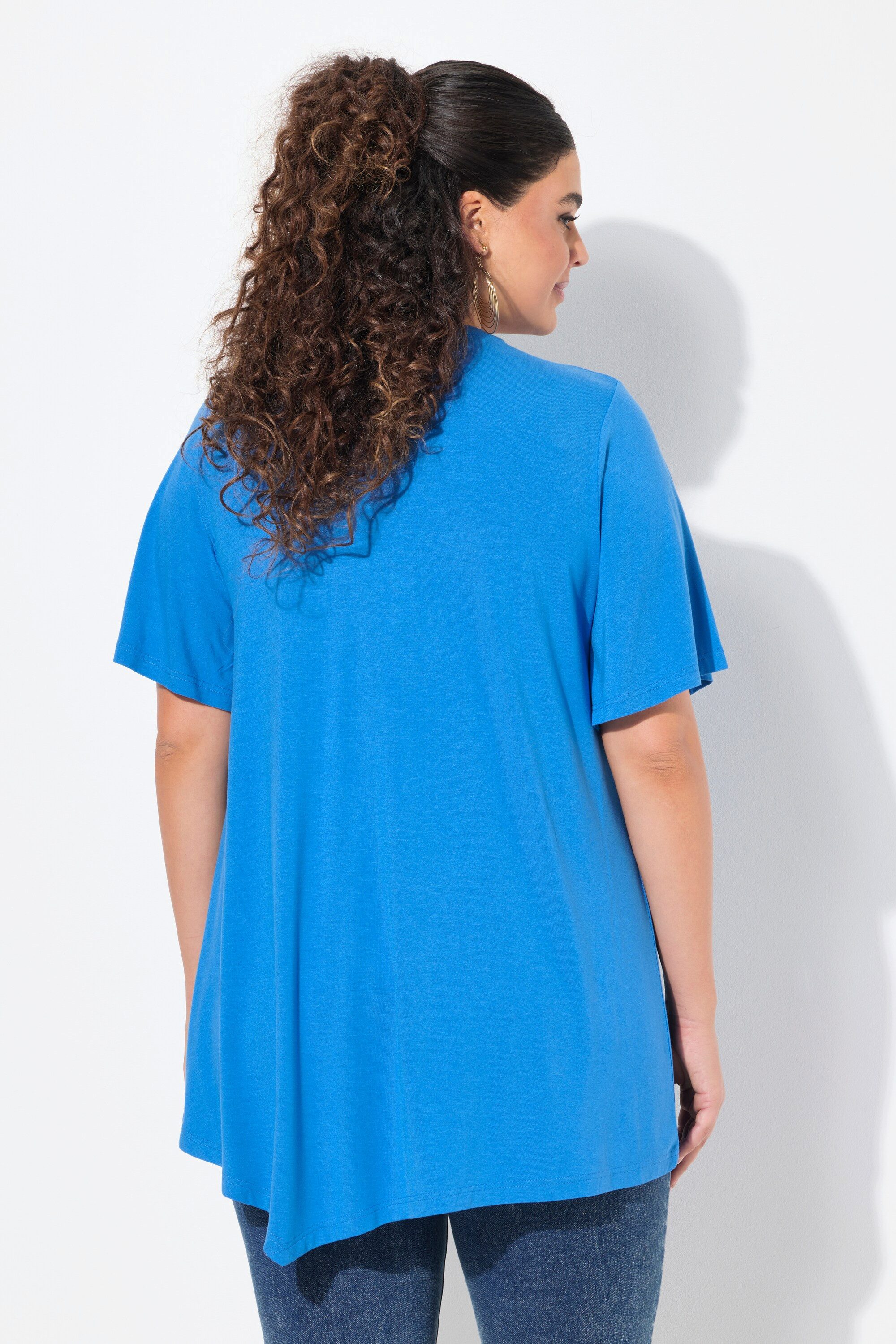 Ulla Popken Longshirt T-Shirt Schriftzug Volant V-Ausschnitt Halbarm