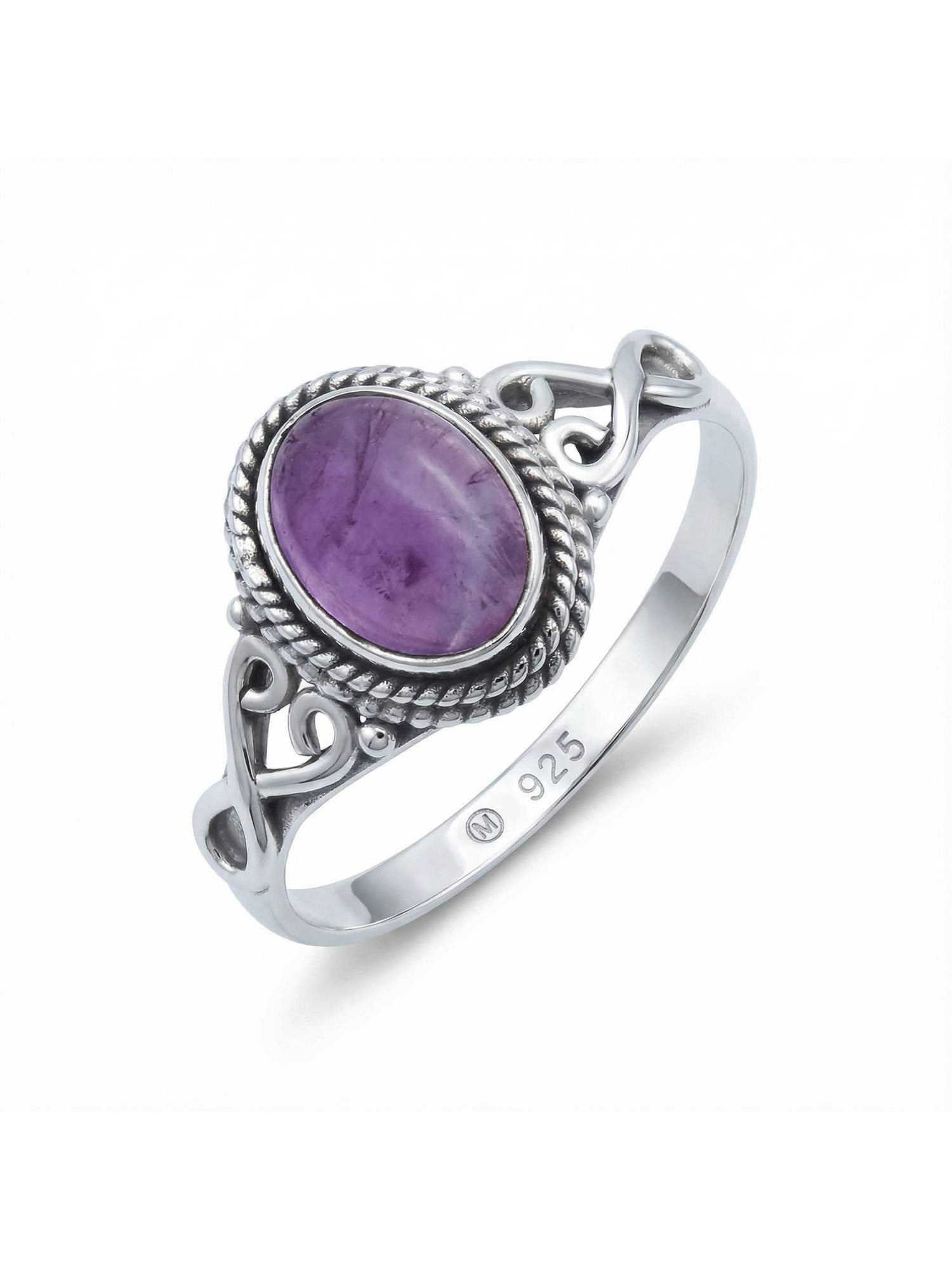 mantraroma Silberring BAGHIMI oval aus 925 Silber mit Amethyst (Ring mit Schmuckbeutel), Damenring aus 925er Silber