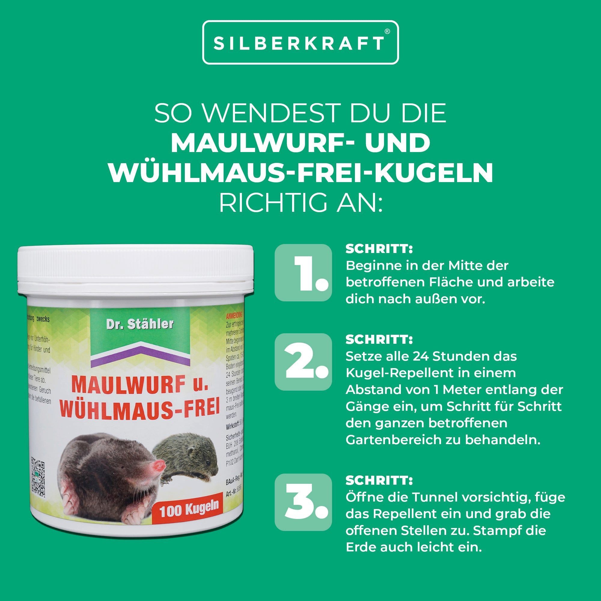 Dr. Stähler Vergrämungsmittel Maulwurf- und Wühlmausfrei Kugeln, Effektiver Schutz, Mit Eukalyptusöl, 100-St., Langzeitwirkung bis 85 Tage, Für Garten, Wege & Grünflächen