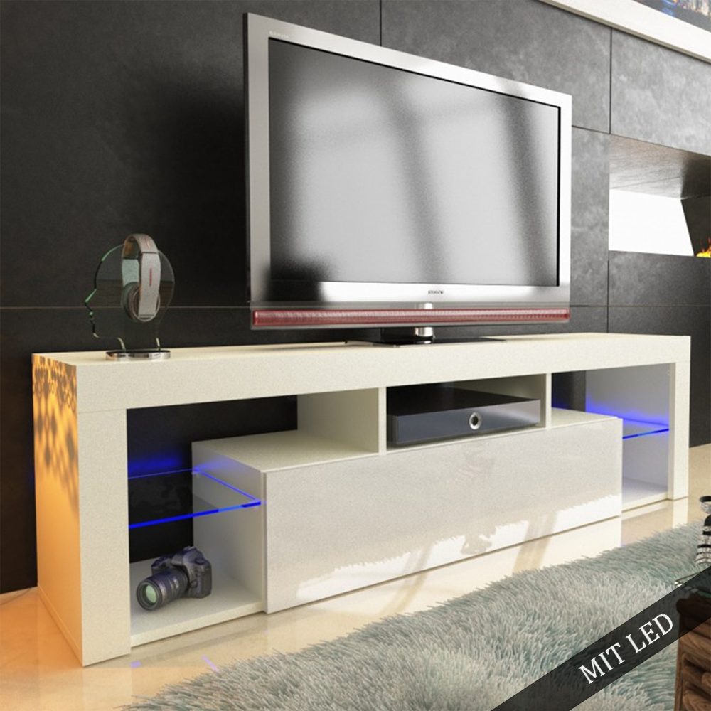 LED TV pressiode mit LOWBOARD Lowboard 200cm TISCH BOARD SCHRANK Weiß