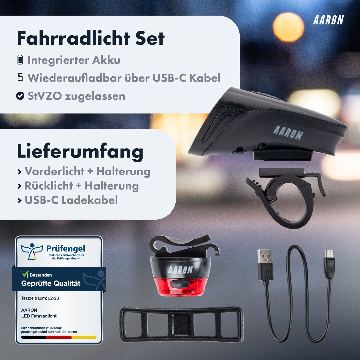 AARON Fahrradbeleuchtung LUX Pro Fahrradlicht Set StVZO Front- und Rücklicht LED Akku