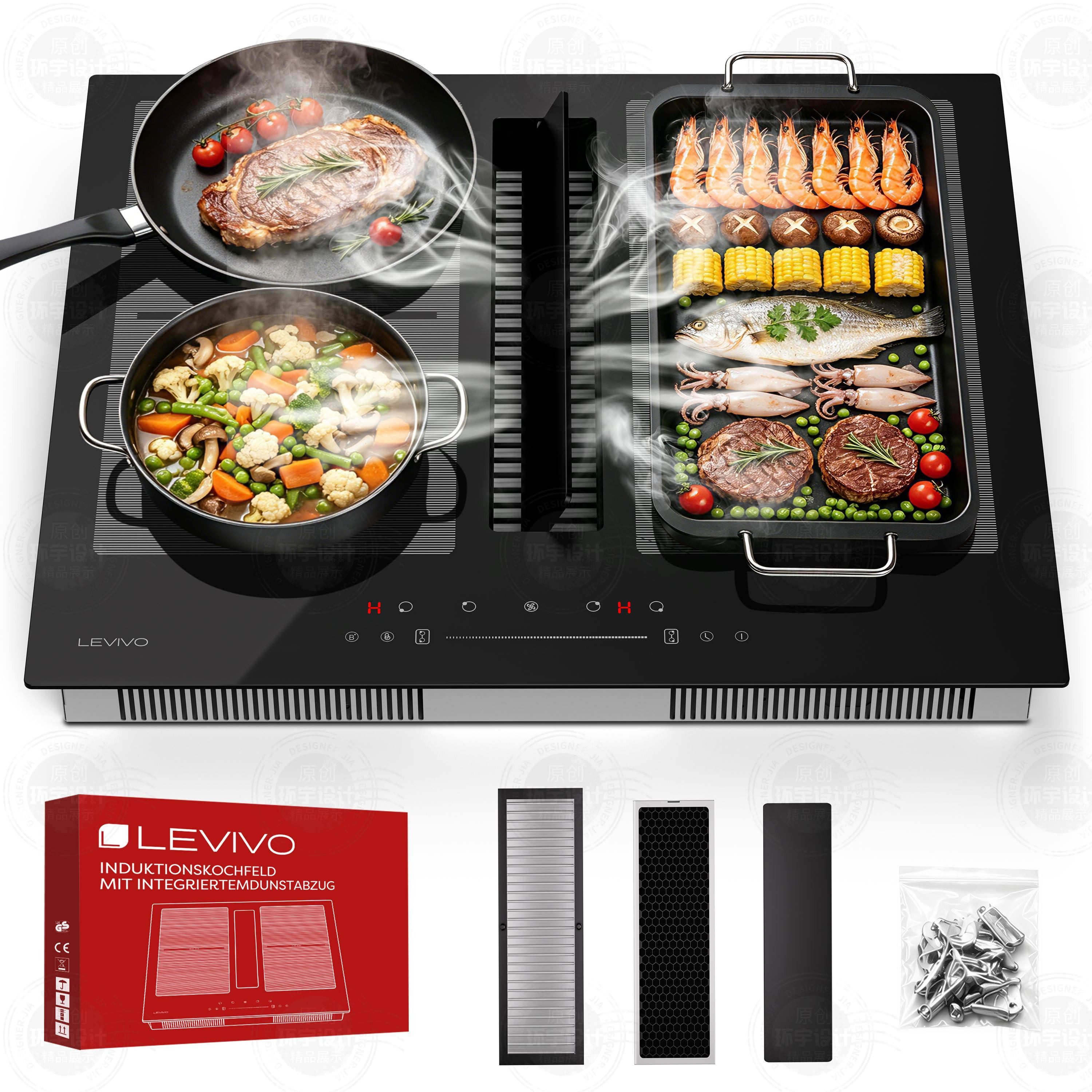 Levivo Induktions-Kochfeld Induktionskochfeld 60 cm mit 531 m³/h Dunstabzug, 9 Stufen & Booster, Touch-Control, Timer, Bridge Funktion, 7270 W