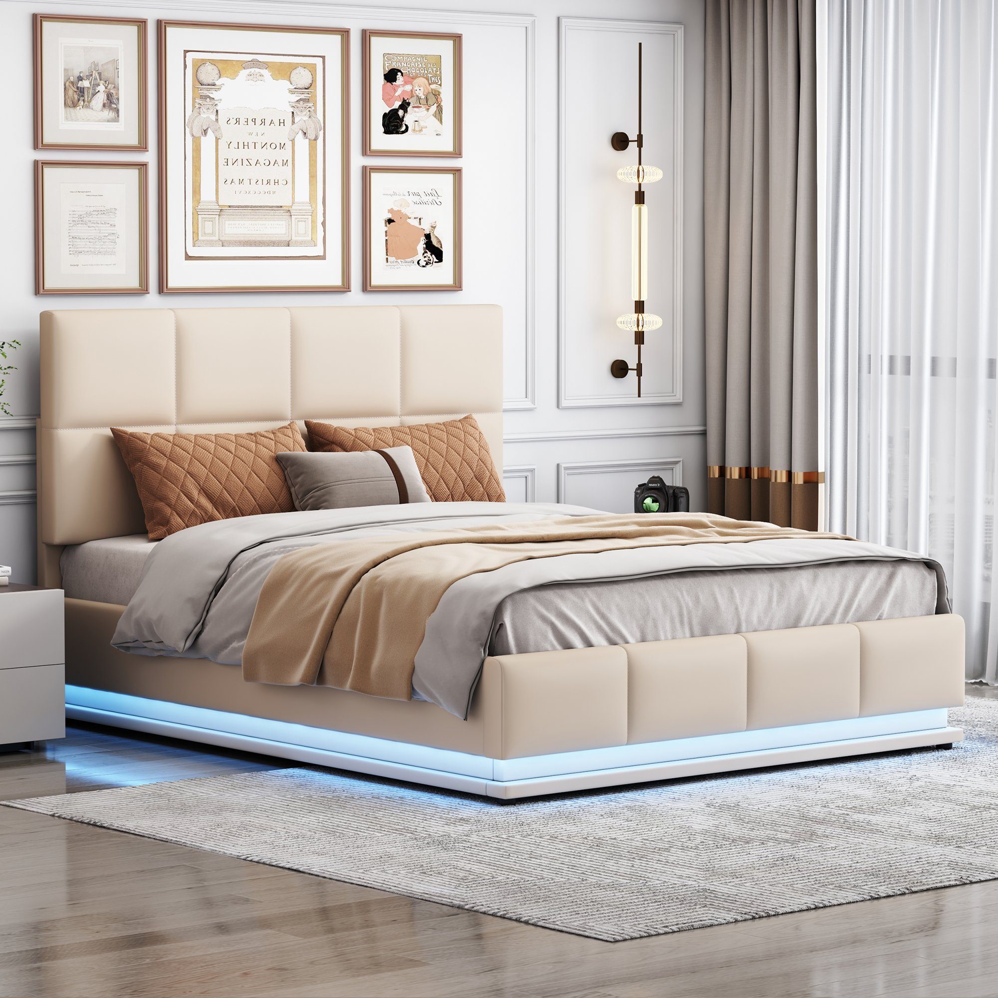 REDOM Polsterbett Doppelbett Bett Funktionsbett Hydraulisch ohne Matratze (mit LED Beleuchtung aus Leder) Hellgrau