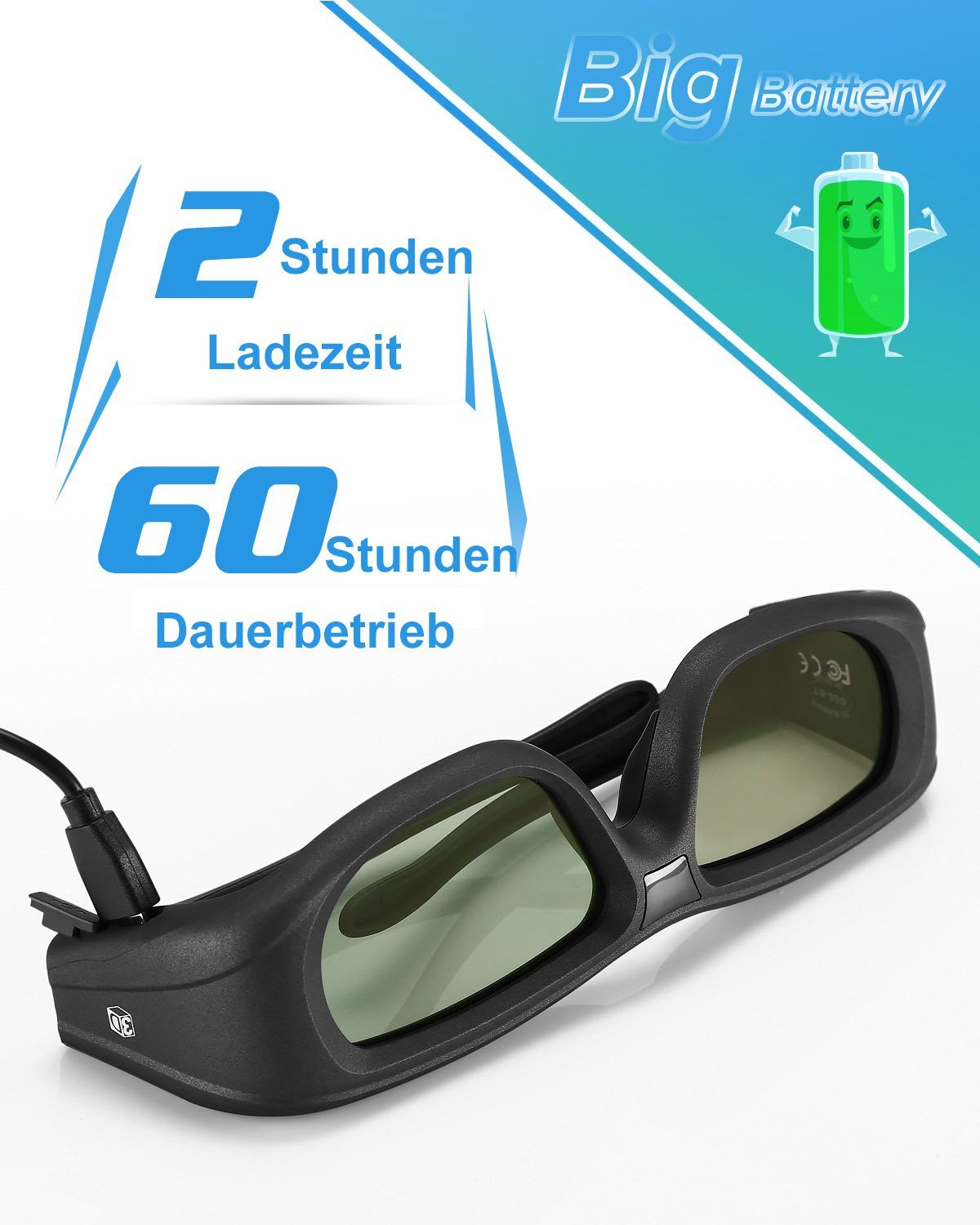 TPFNet 3D-Brille Aktive Shutterbrille für Bluetooth / RF 3D TVs, Samsung, Panasonic, Epson, etc. - wiederaufladbar - Schwarz - 1 Stück