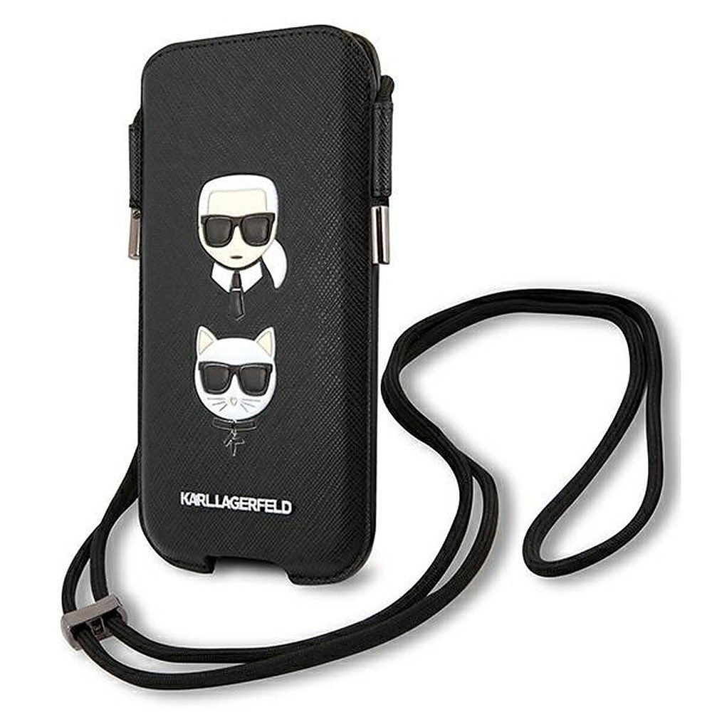 KARL LAGERFELD Handytasche Smartphonetasche Umhängetasche Schutzhülle (Spar-Set, 1-tlg., 17 x 9, 5 cm elegant), Saffiano-Optik, Umhängekordel, Ladeaussparung