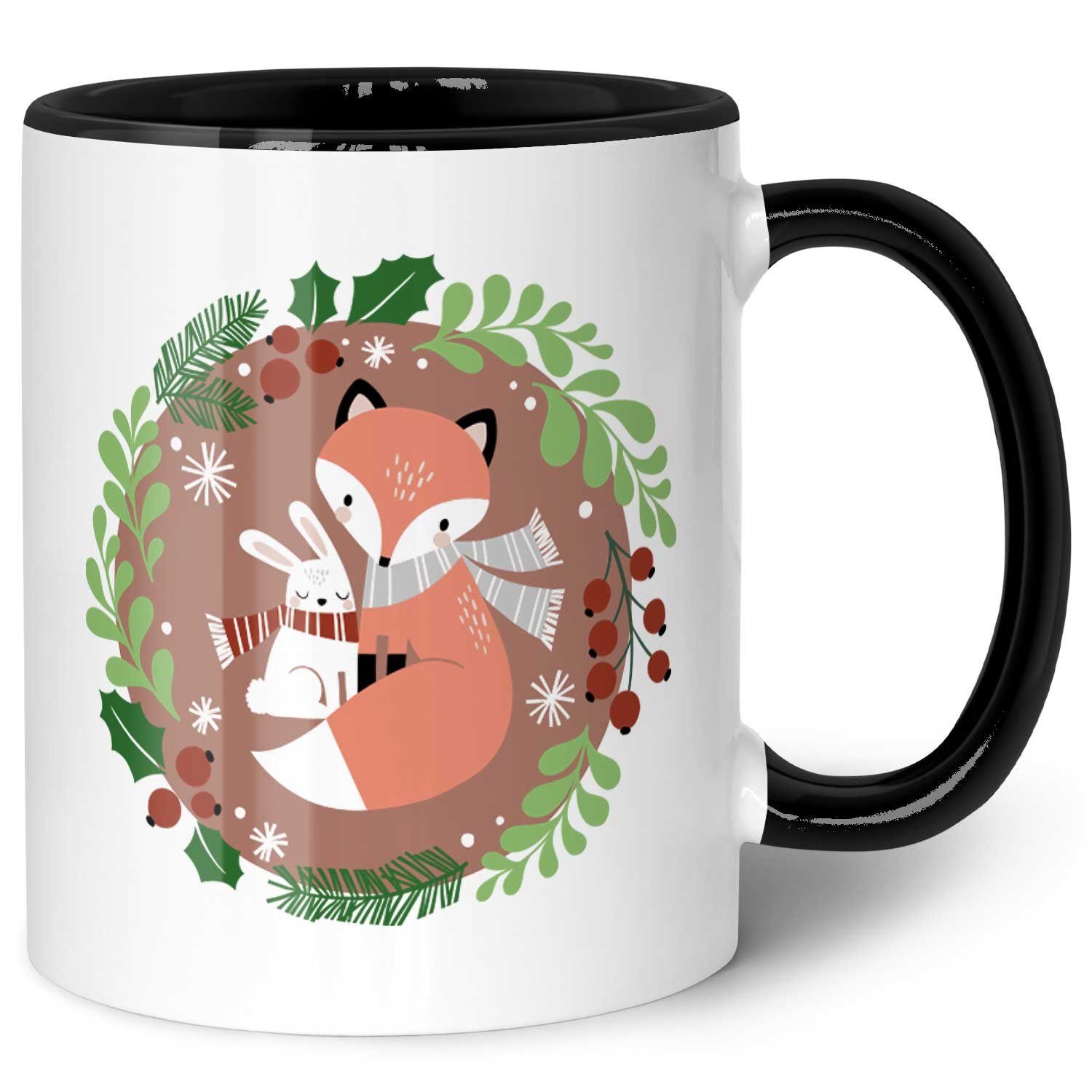 GRAVURZEILE Tasse mit Weihnachtsmotiv - Geschenke für Frauen & Männer zu Weihnachten, Spülmaschinenfest - Winterfuchs Schwarz & Weiß