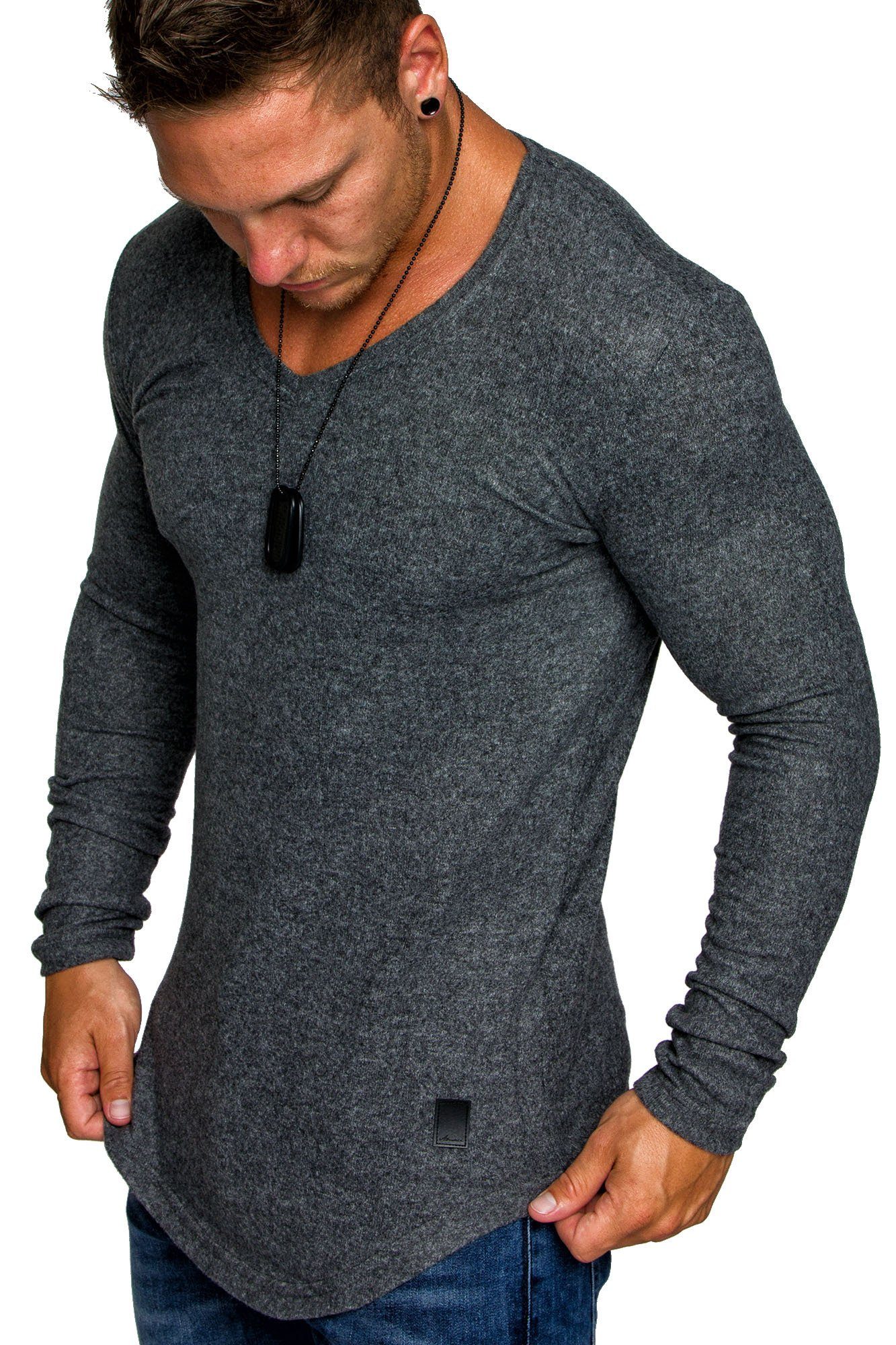 Amaci&Sons Sweatshirt DAVIE Feinstrick Pullover Herren Oversize Basic Melange Pullover Hoodie mit V-Ausschnitt Dunkelgrau