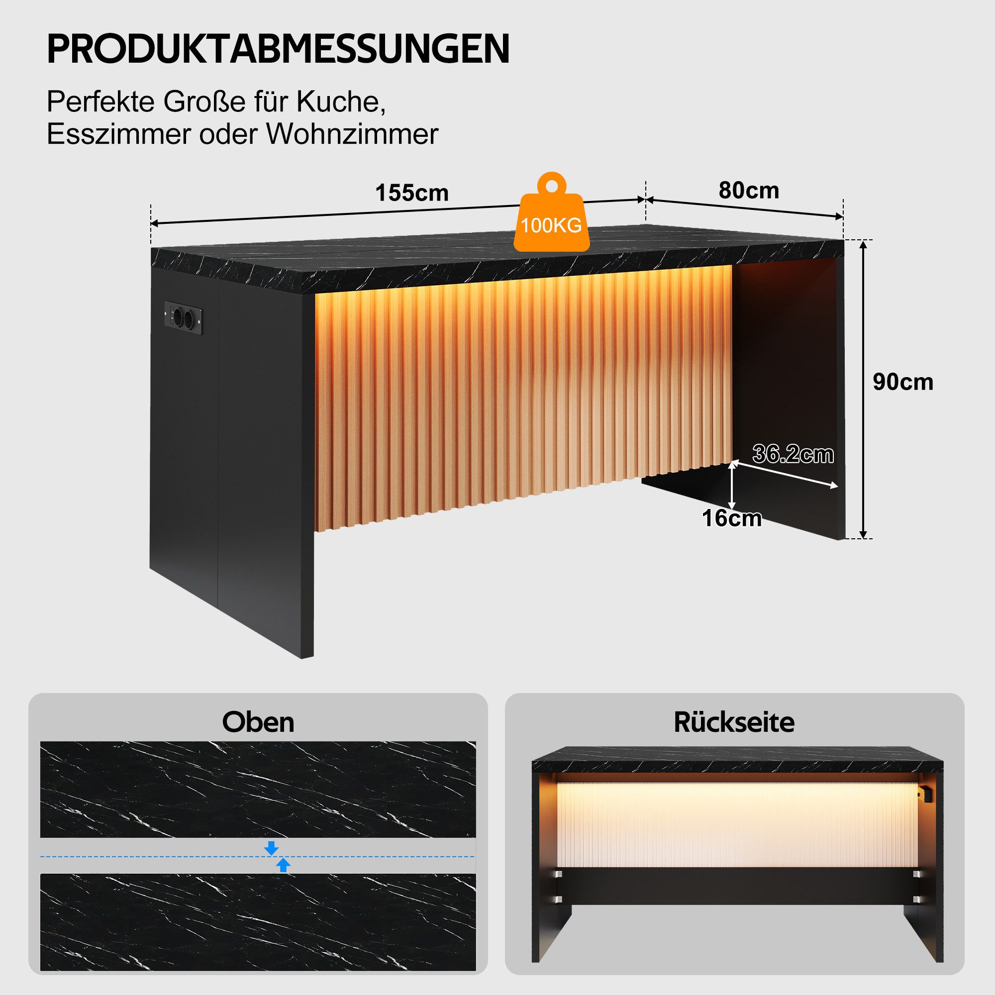 Celya Kücheninsel 155x80x90cm, mit LED-Beleuchtung, 2 Steckdosen und 2 USB, (40mm starke Arbeitsplatte, im Industrie-Design), Hocker nicht im Lieferumfang enthalten
