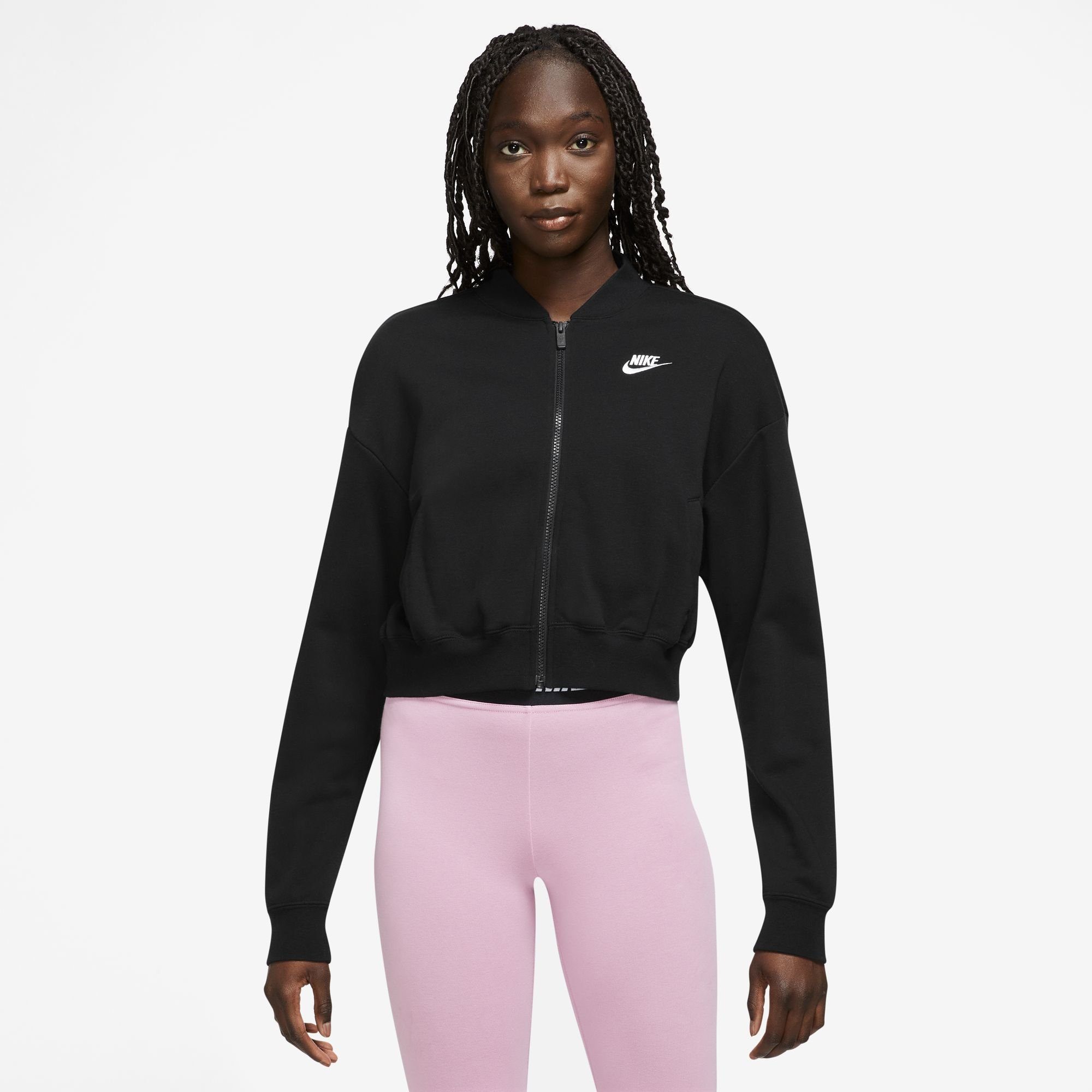 Nike Sportswear Sweatjacke CLUB FLEECE FULL-ZIP CROPPED JACKET WOMEN'S BLACK/WHITE OVERSIZED