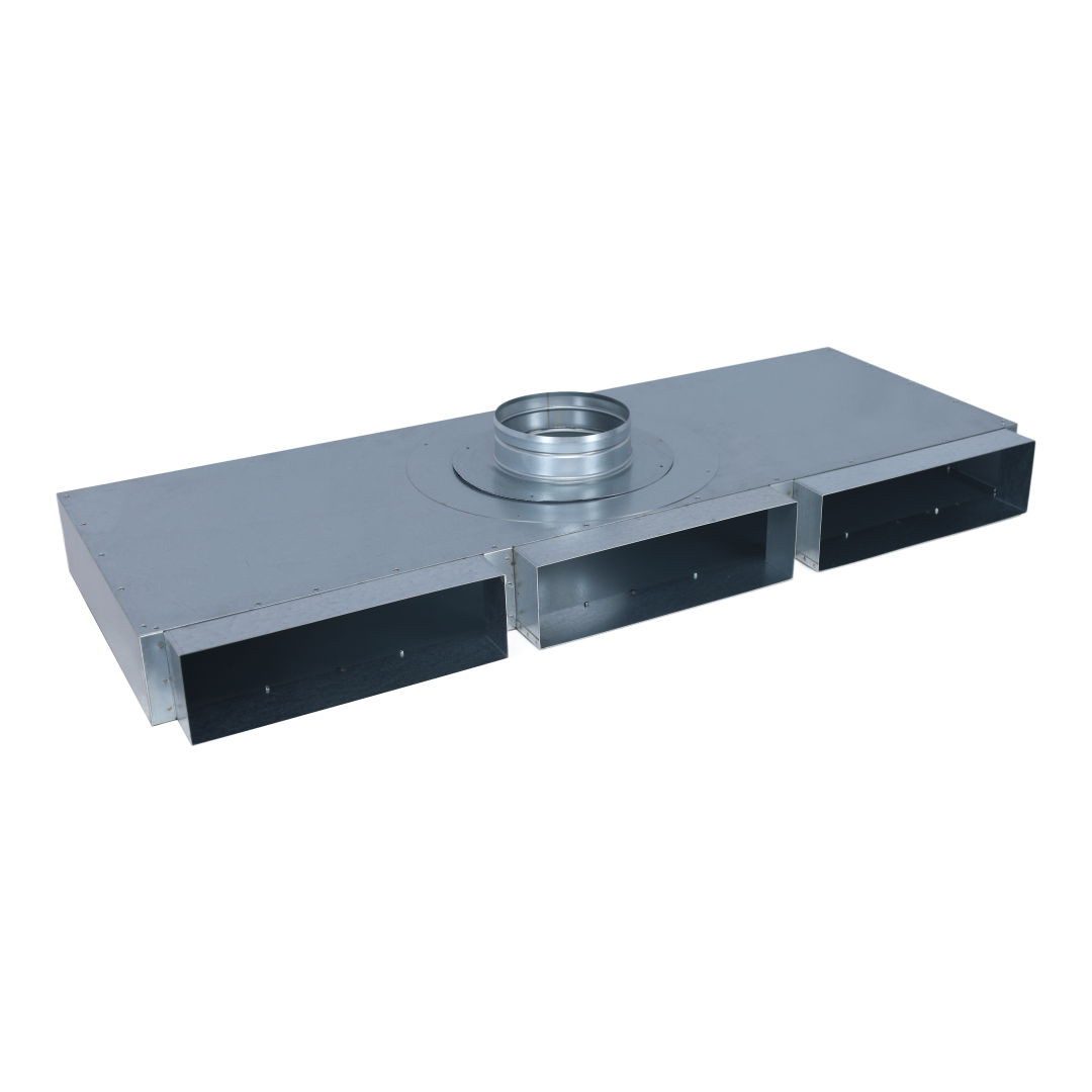 Subtiel Lüftungsschacht Flachkanal Verteiler 300 x 90 mm, drei Eingänge, ein Ausgang Ø 150 mm, 105x35x14 cm