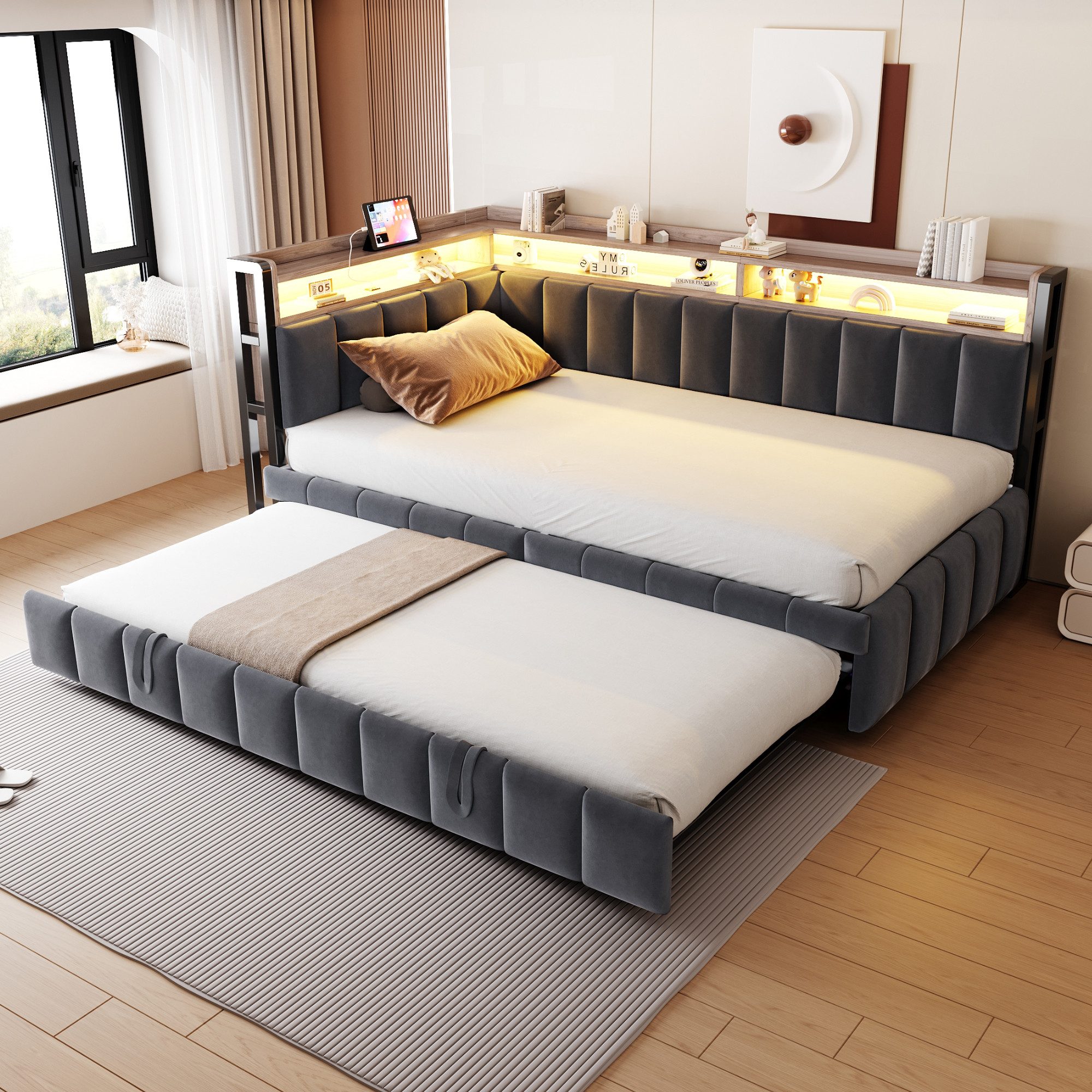 Flieks Daybett, LED Polsterbett Schlafsofa 90x200cm mit Aufladen, Ausziehbe günstig online kaufen