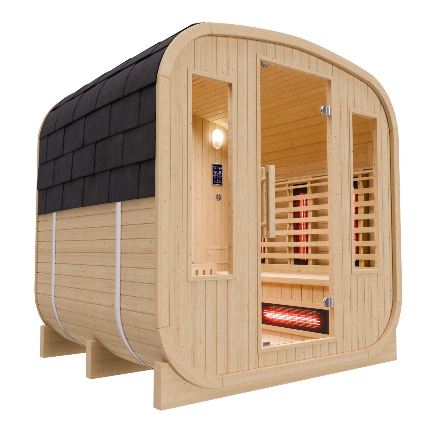 Dewello Sauna RICHMOND Fasssauna, Cube bis zu 4 Personen, Saunaofen, Harvia 6KW, BxTxH: 180 x 200 x 200 cm, (mit Asphaltschindeln, aus Fichtenholz, inkl. Zubehör, 10 Infrarotstrahler mit je 350 Watt) mit Steuereinheit mit Bluetooth, FM, MP3, USB, App - leichte Bedienung