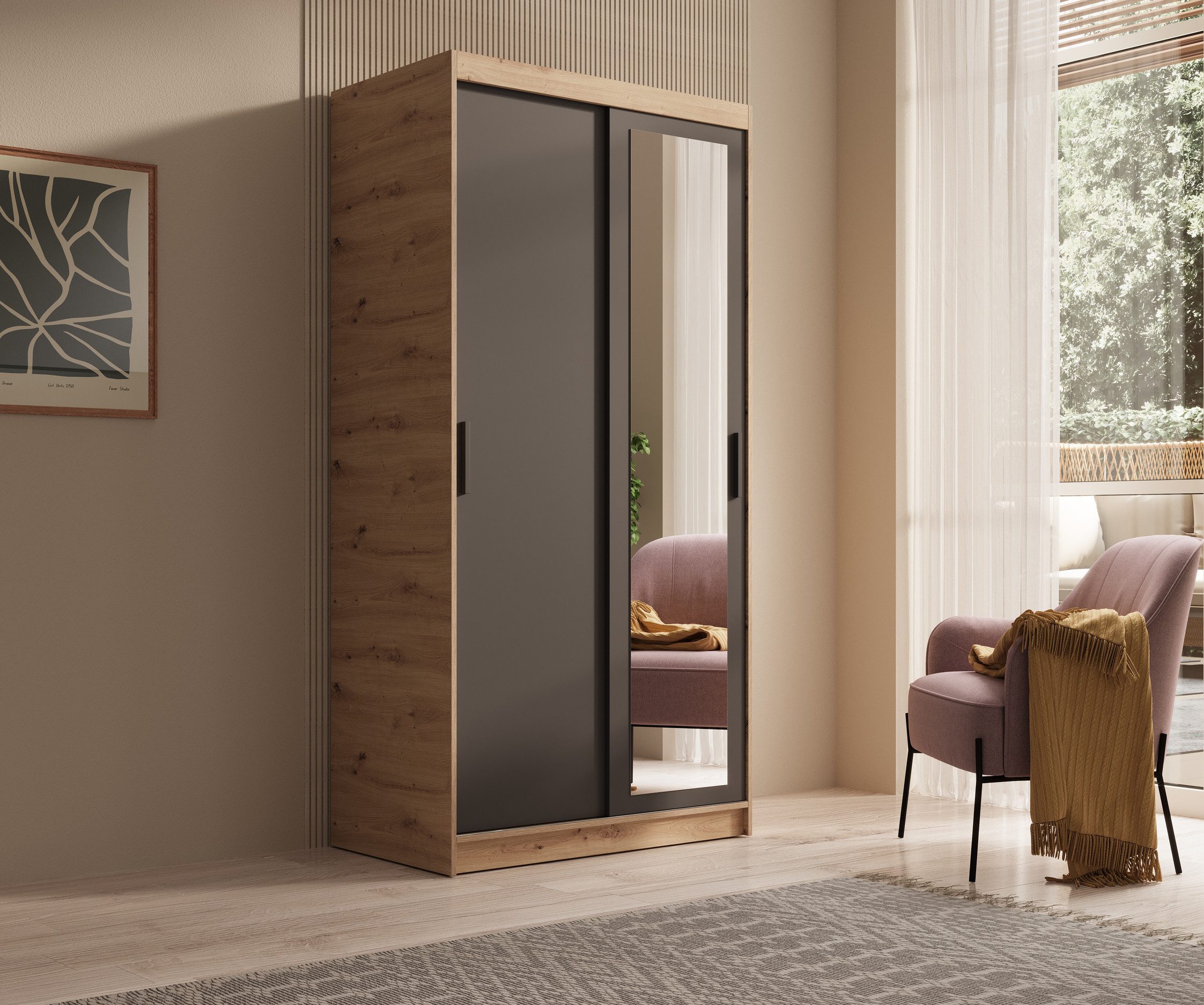 MOEBLO Schiebetürenschrank Leima (mit Spiegel – Moderner Kleiderschrank mit viel Stauraum, Schiebetüren & Einlegeböden, Schwebetürenschrank Schrank Garderobe Schiebtüren Schlafzimmer, Wohnzimmerschrank mit Spiegel) (BxHxT): 100/120/160/180 x 200 x 62 cm