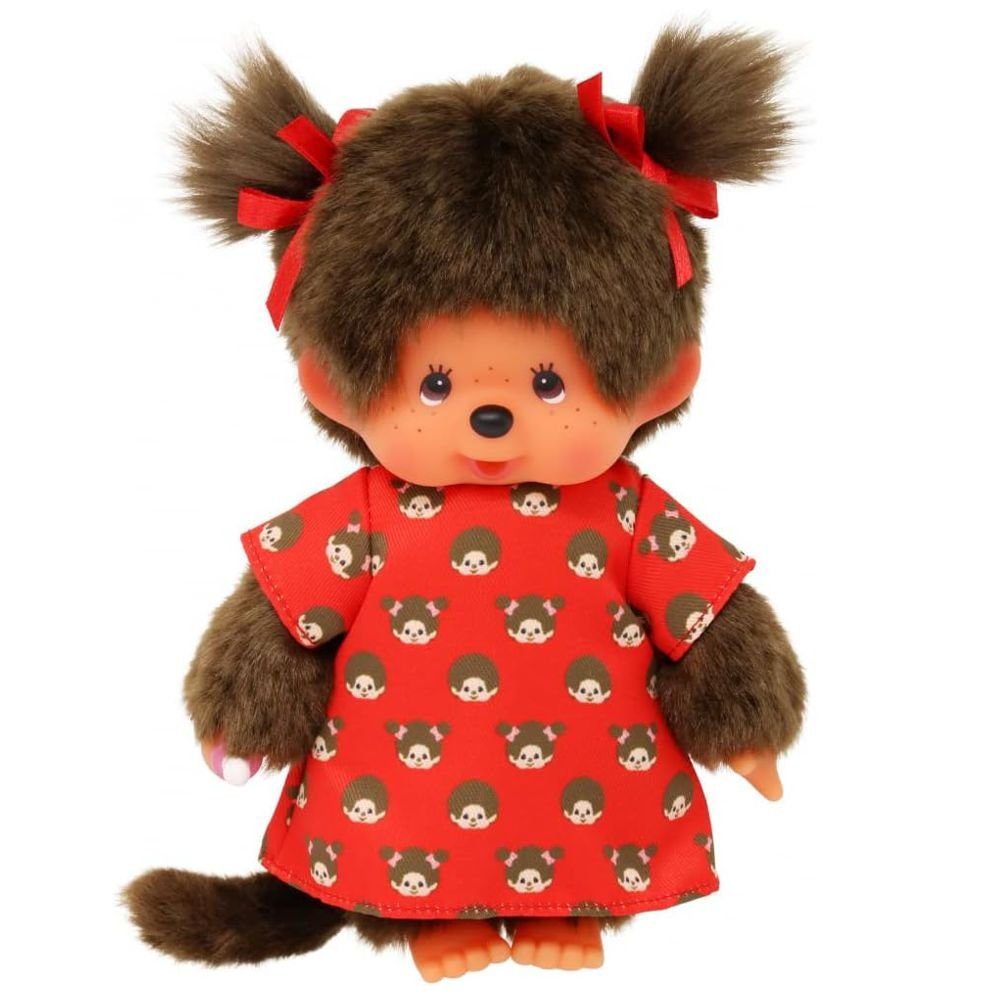 Monchhichi Plüschfigur Mädchen im Monchi-Kleid 20 cm Monchhichi Puppe zwei rote Zöpfchen