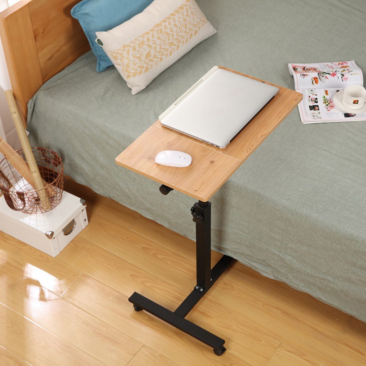 JEOBEST Beistelltisch Mobiler Stehtisch, Höhenverstellbar Computertisch Nachttisch, (Holz, Metallgestell) Laptoptisch mit Wendbarer Tischplatte